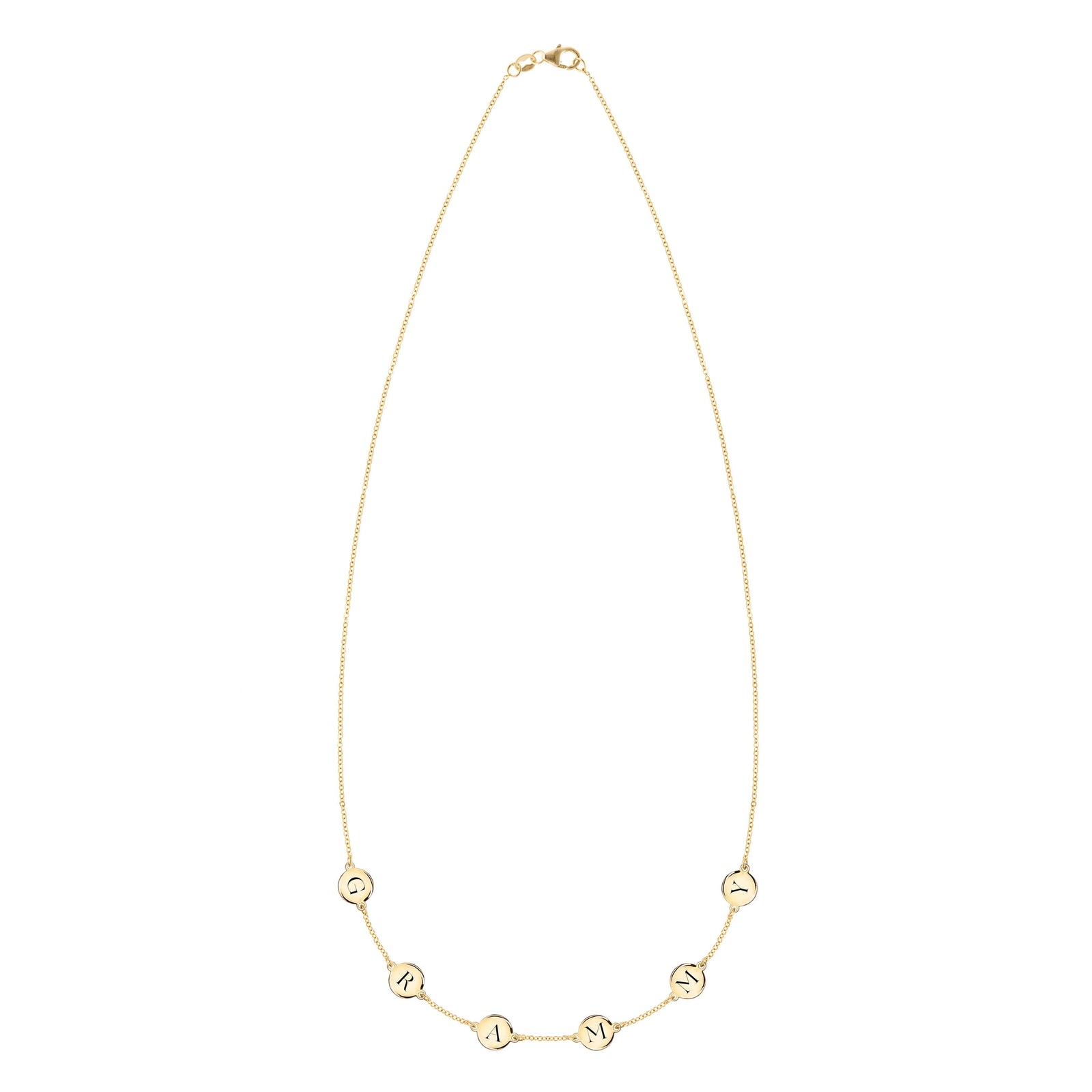14k yellow gold cable chain necklace featuring six 1/4” flat engraved letter discs, spelling Grammy