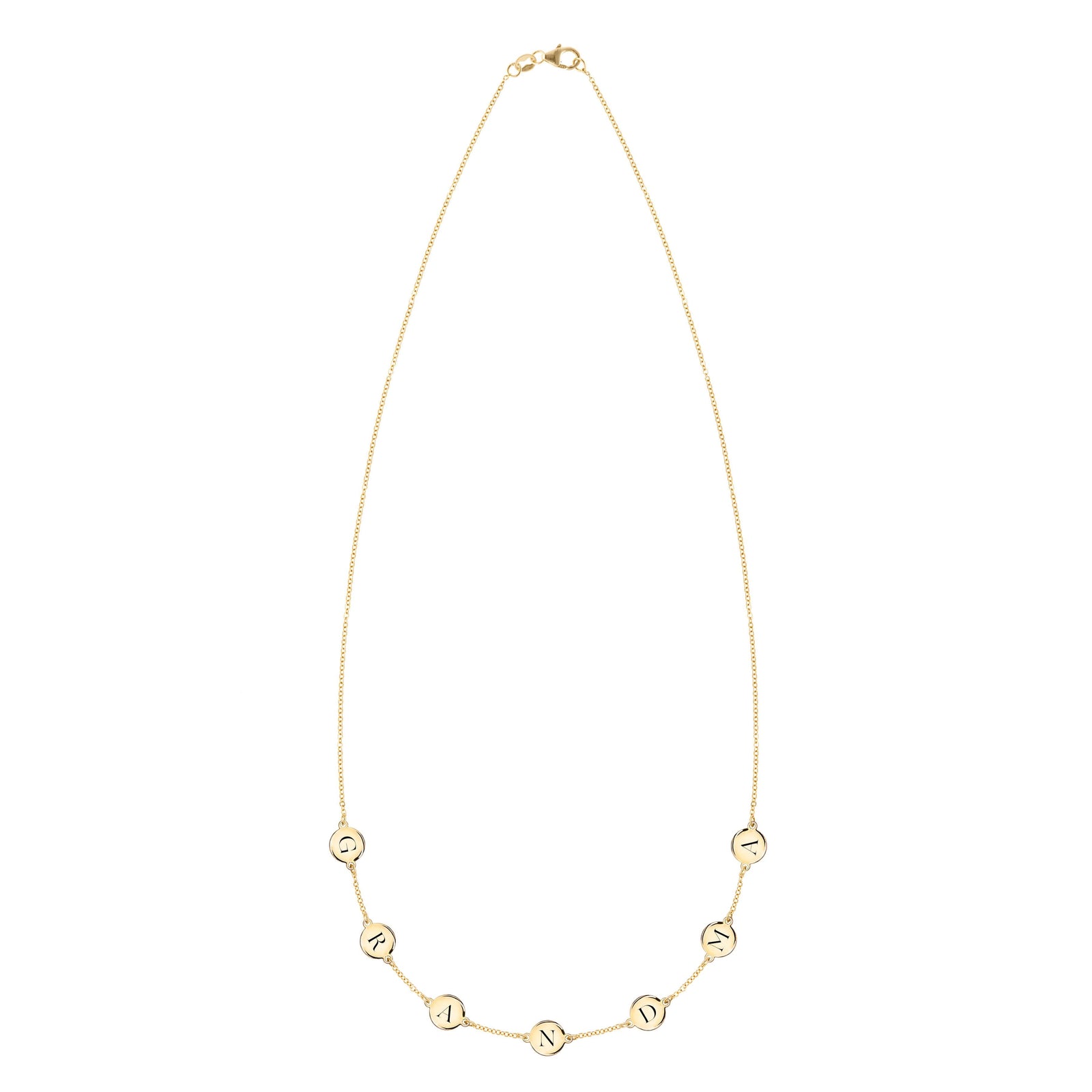 14k Yellow Gold cable chain Necklace featuring seven 1/4” flat engraved letter discs, spelling GRANDMA
