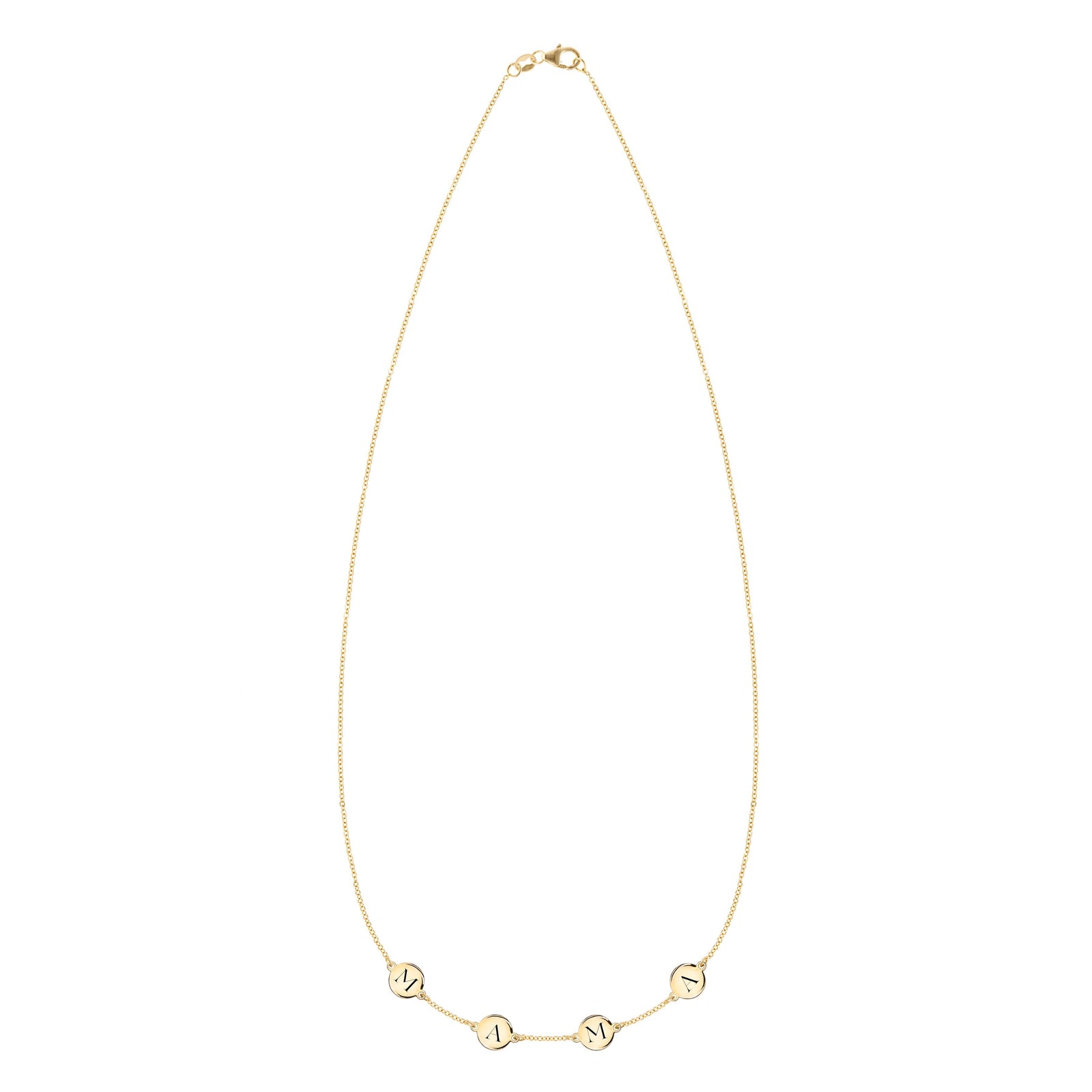 14k yellow gold cable chain necklace featuring four 1/4” flat engraved letter discs, spelling Mama