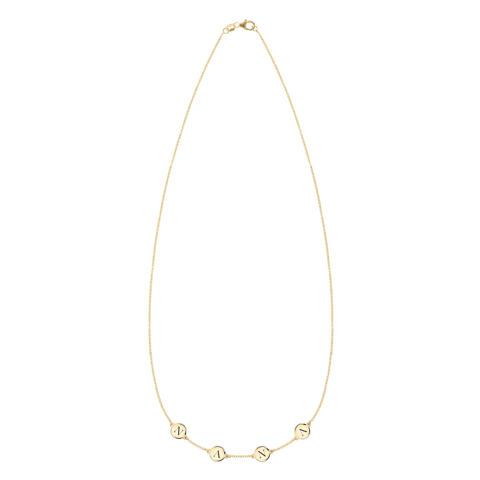 14k yellow gold cable chain necklace featuring four 1/4” flat engraved letter discs, spelling Nana