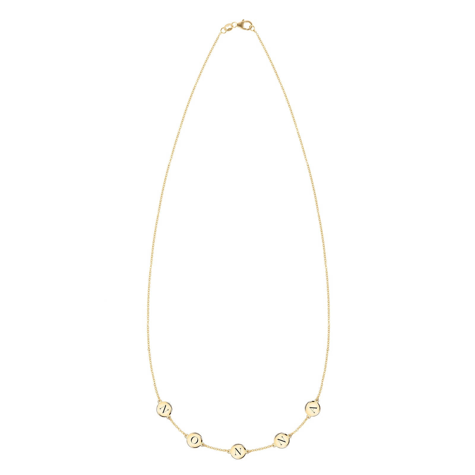 14k yellow gold cable chain necklace featuring five 1/4” flat engraved letter discs, spelling Nonna