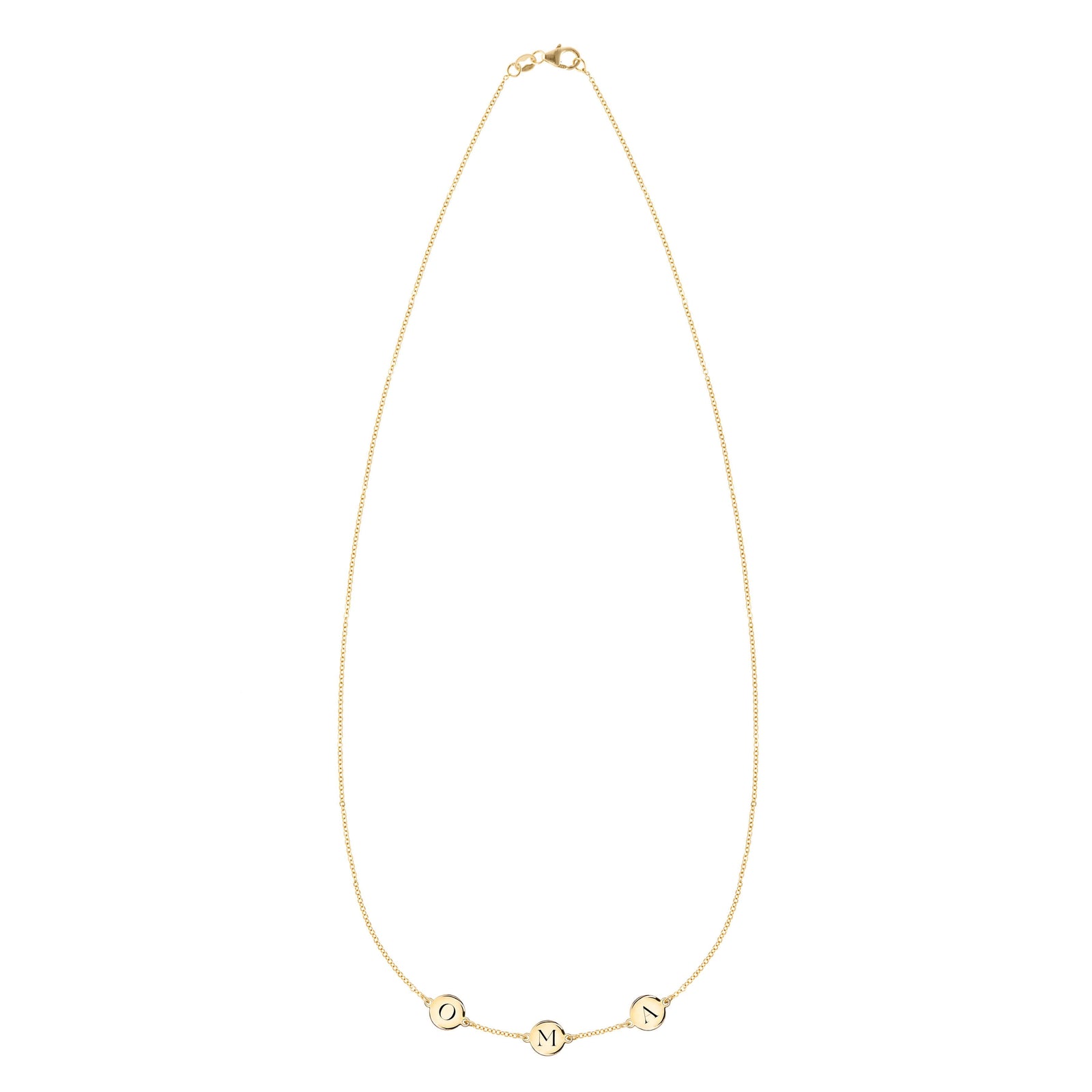 14k yellow gold cable chain necklace featuring three 1/4” flat engraved letter discs, spelling Oma