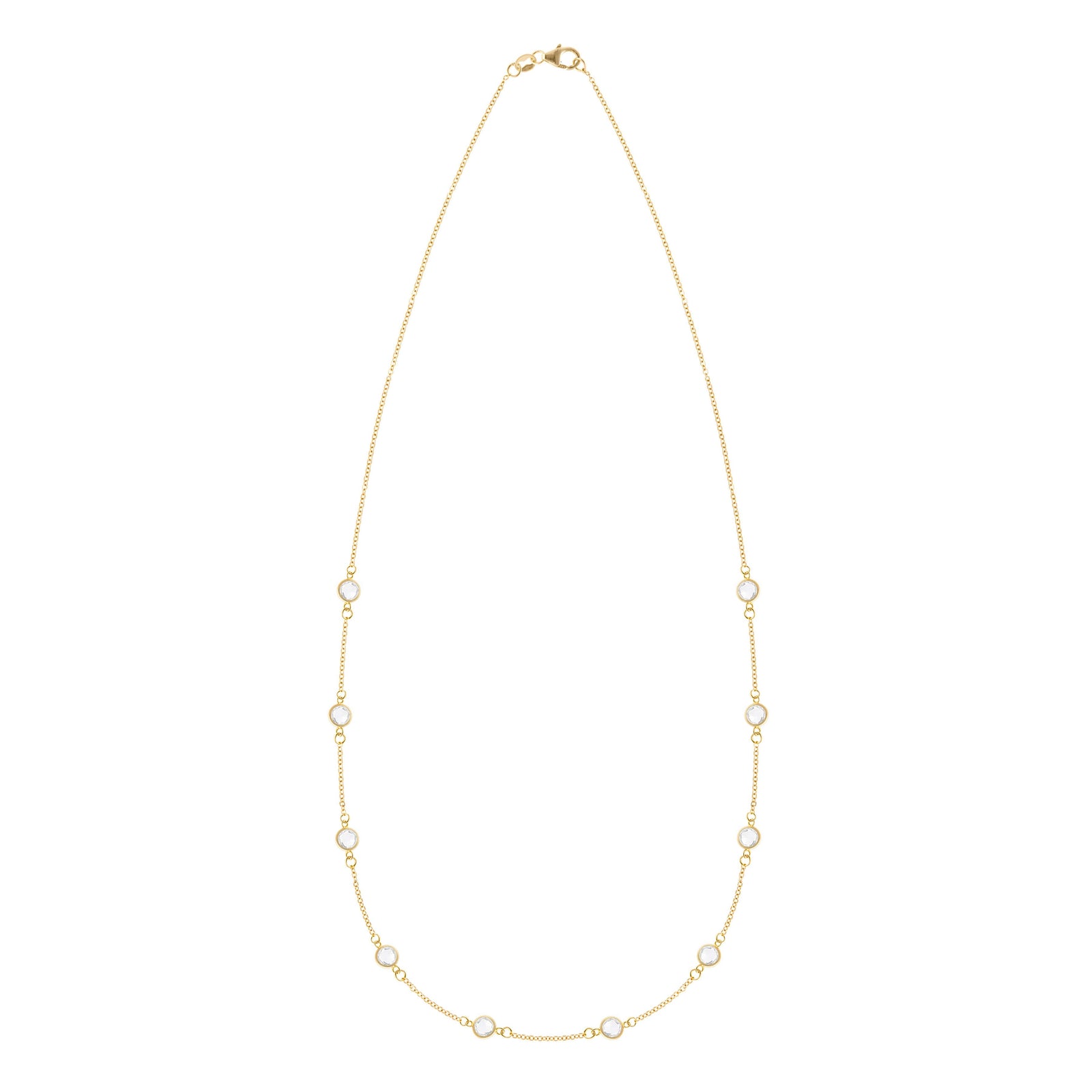 Classic Birthstone 1.17 mm cable chain necklace featuring ten 4 mm briolette cut white topaz in 14k yellow gold