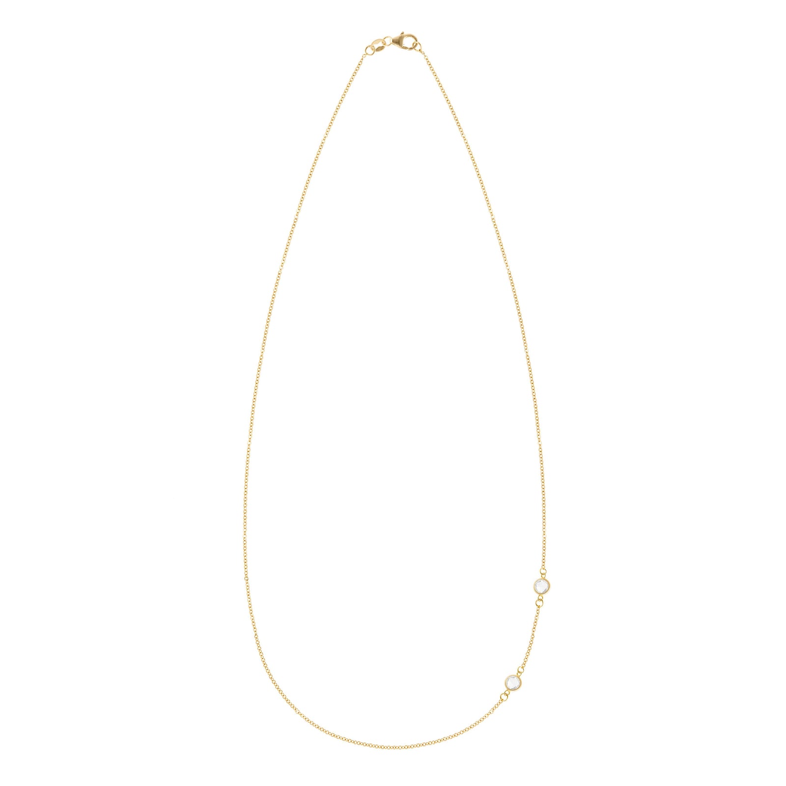 Personalized cable chain necklace featuring two 4 mm briolette cut gemstones bezel set in 14k yellow gold