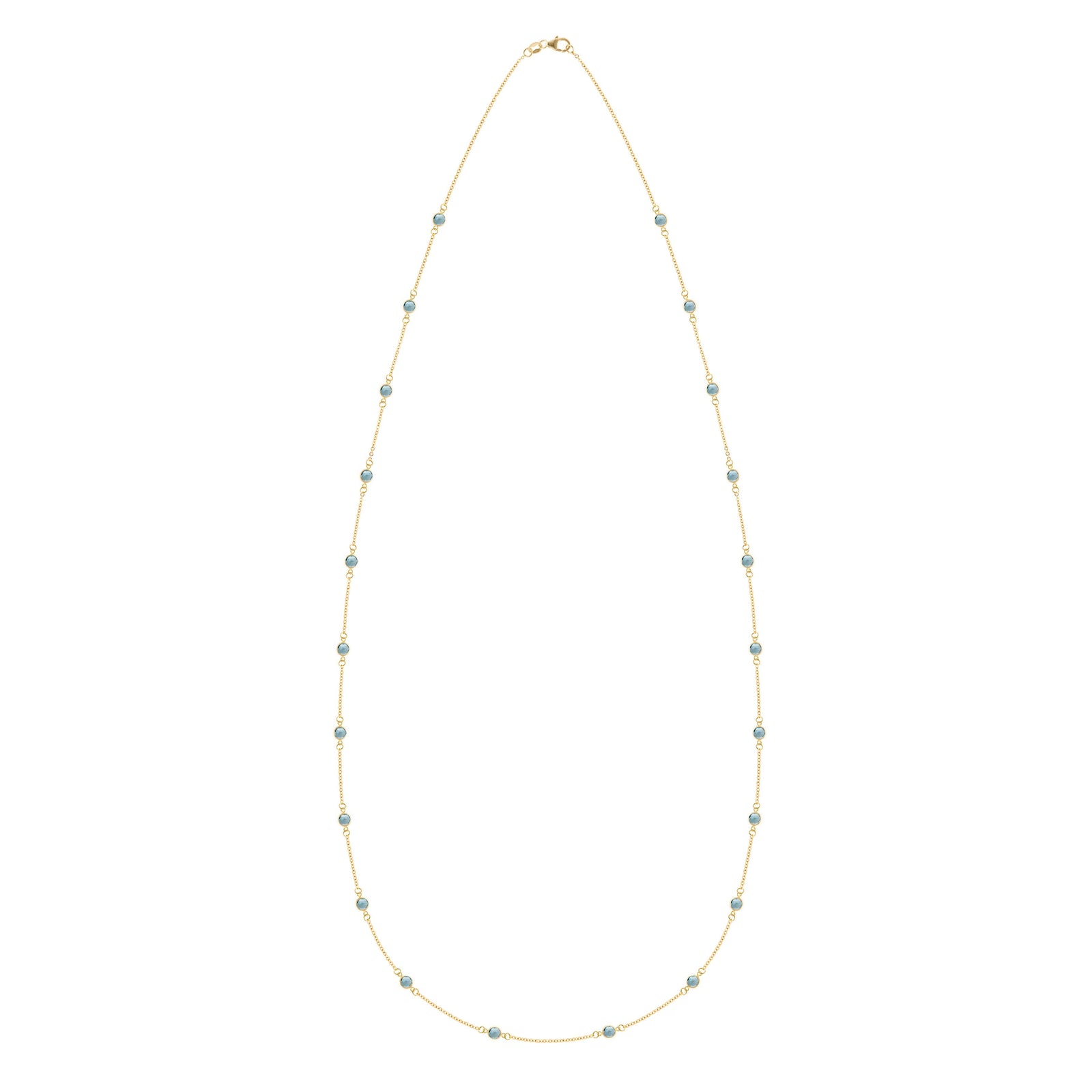 Bayberry 22 Birthstone Wrap necklace featuring twenty-two 4 mm briolette cut Nantucket blue topaz bezel set in 14k gold