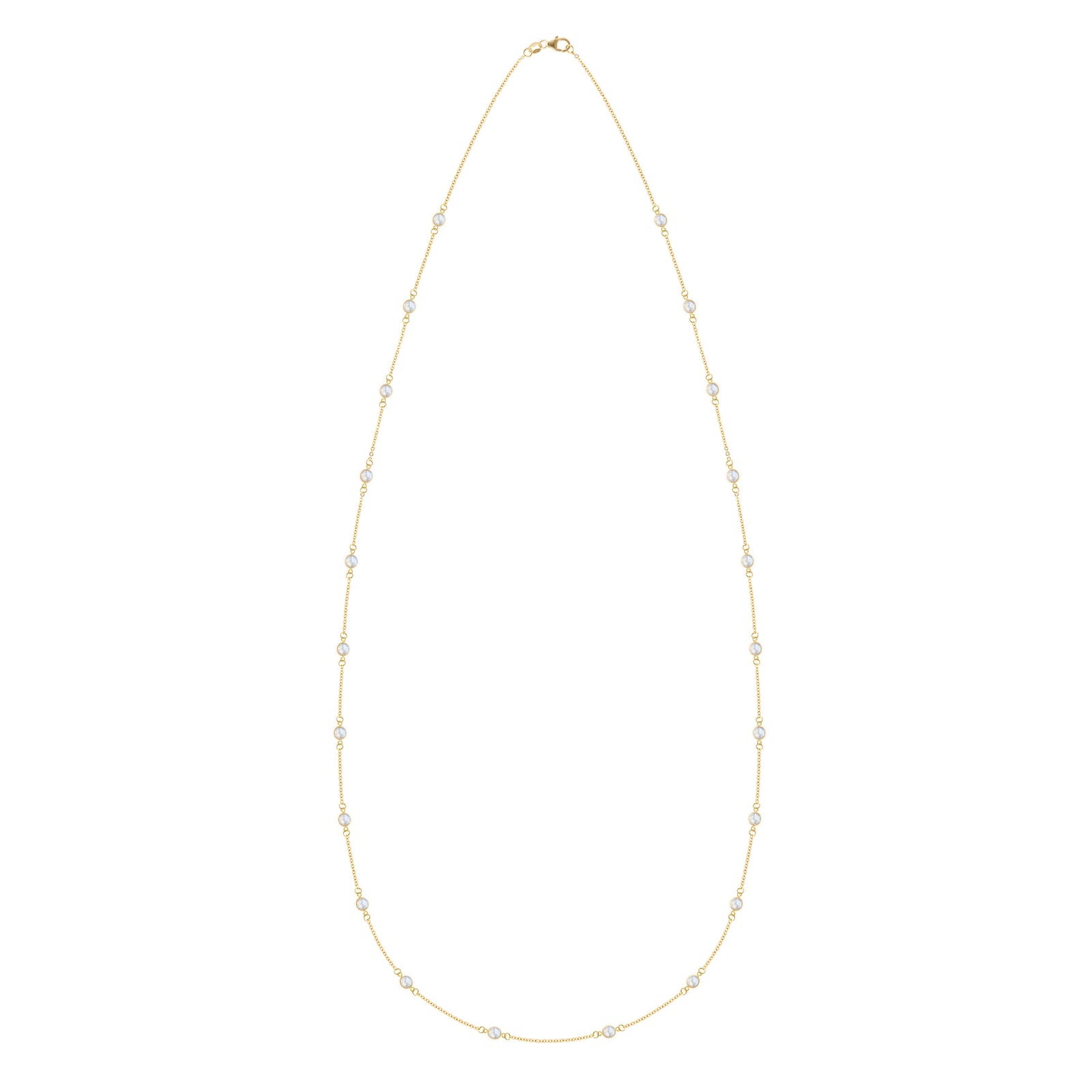 Bayberry 22 Birthstone Wrap necklace featuring twenty-two 4 mm briolette cut moonstones bezel set in 14k yellow gold
