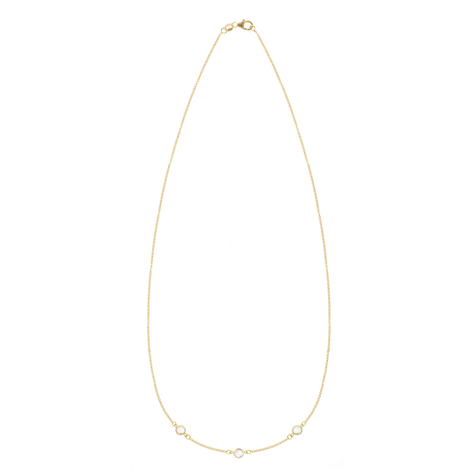 Personalized cable chain necklace featuring three 4 mm briolette cut gemstones bezel set in 14k yellow gold