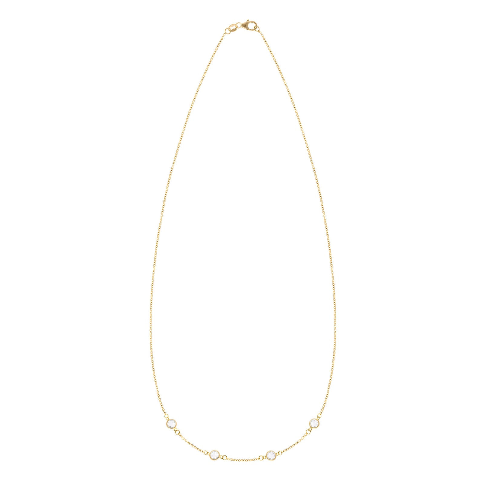 Personalized cable chain necklace featuring four 4 mm briolette cut gemstones bezel set in 14k yellow gold