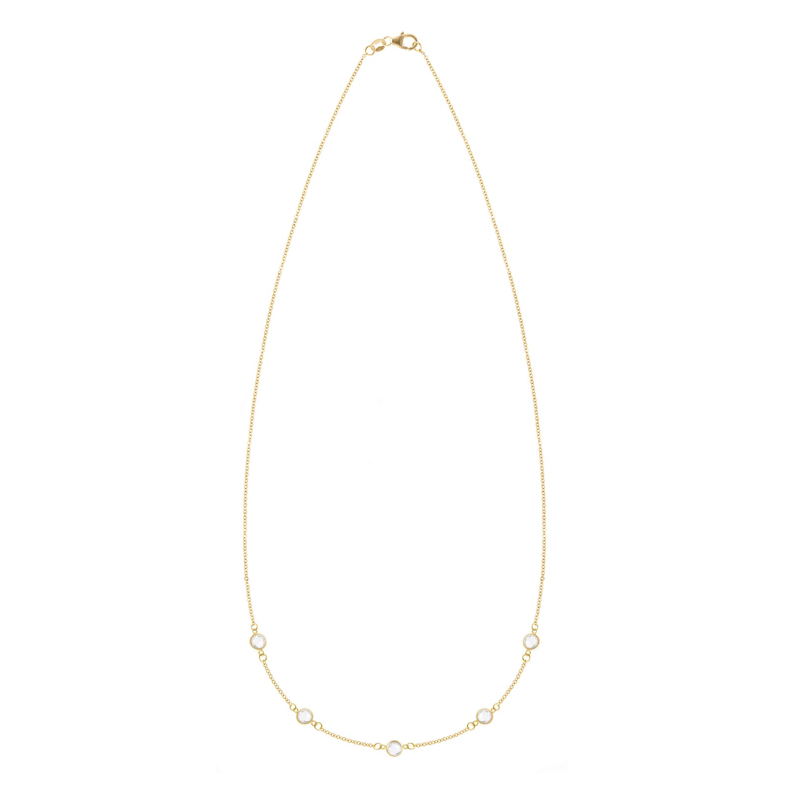 Personalized cable chain necklace featuring five 4 mm briolette cut gemstones bezel set in 14k yellow gold