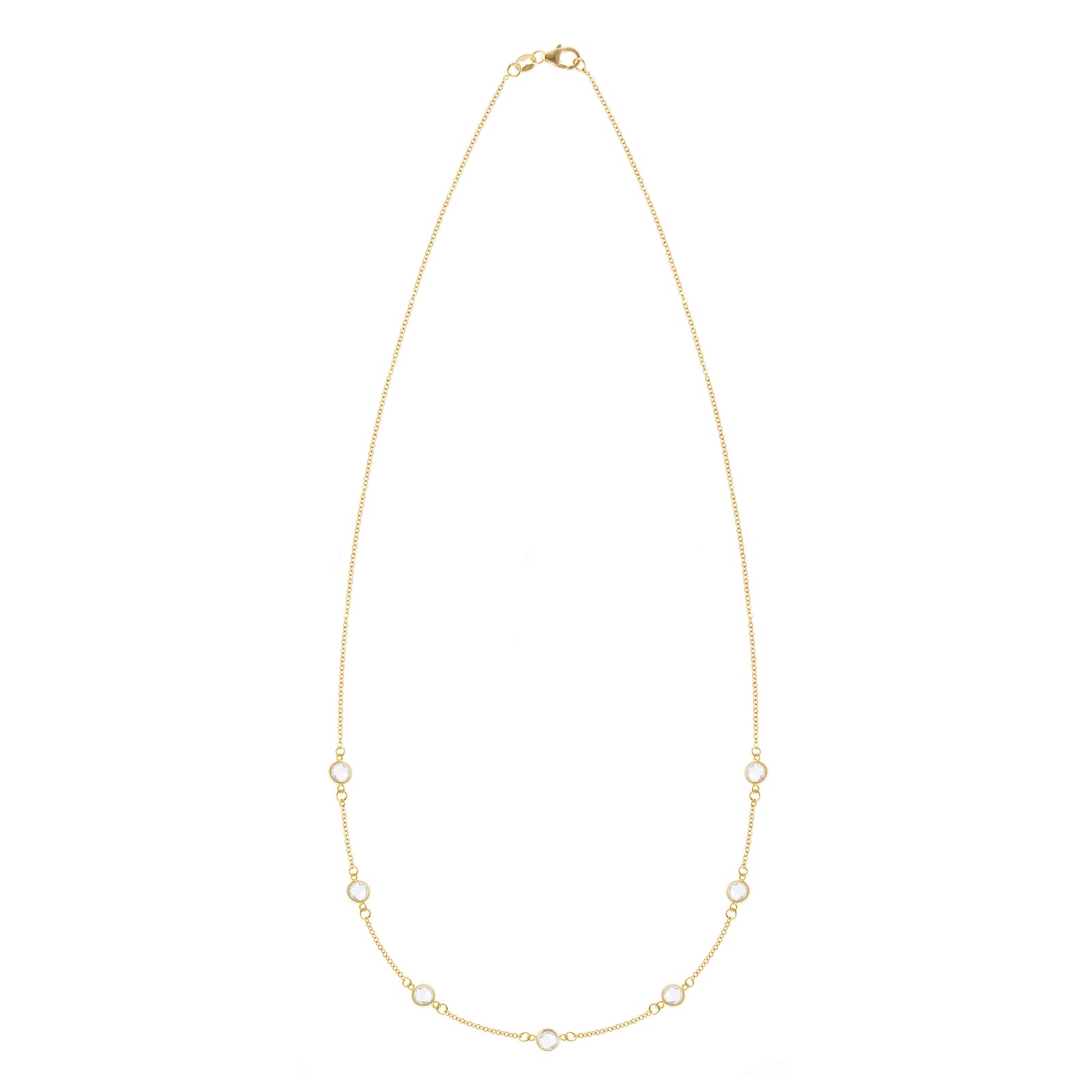 Personalized cable chain necklace featuring seven 4 mm briolette cut gemstones bezel set in 14k yellow gold