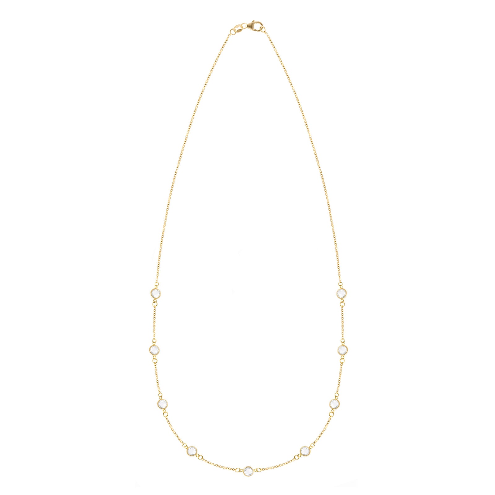 Personalized cable chain necklace featuring nine 4 mm briolette cut gemstones bezel set in 14k yellow gold