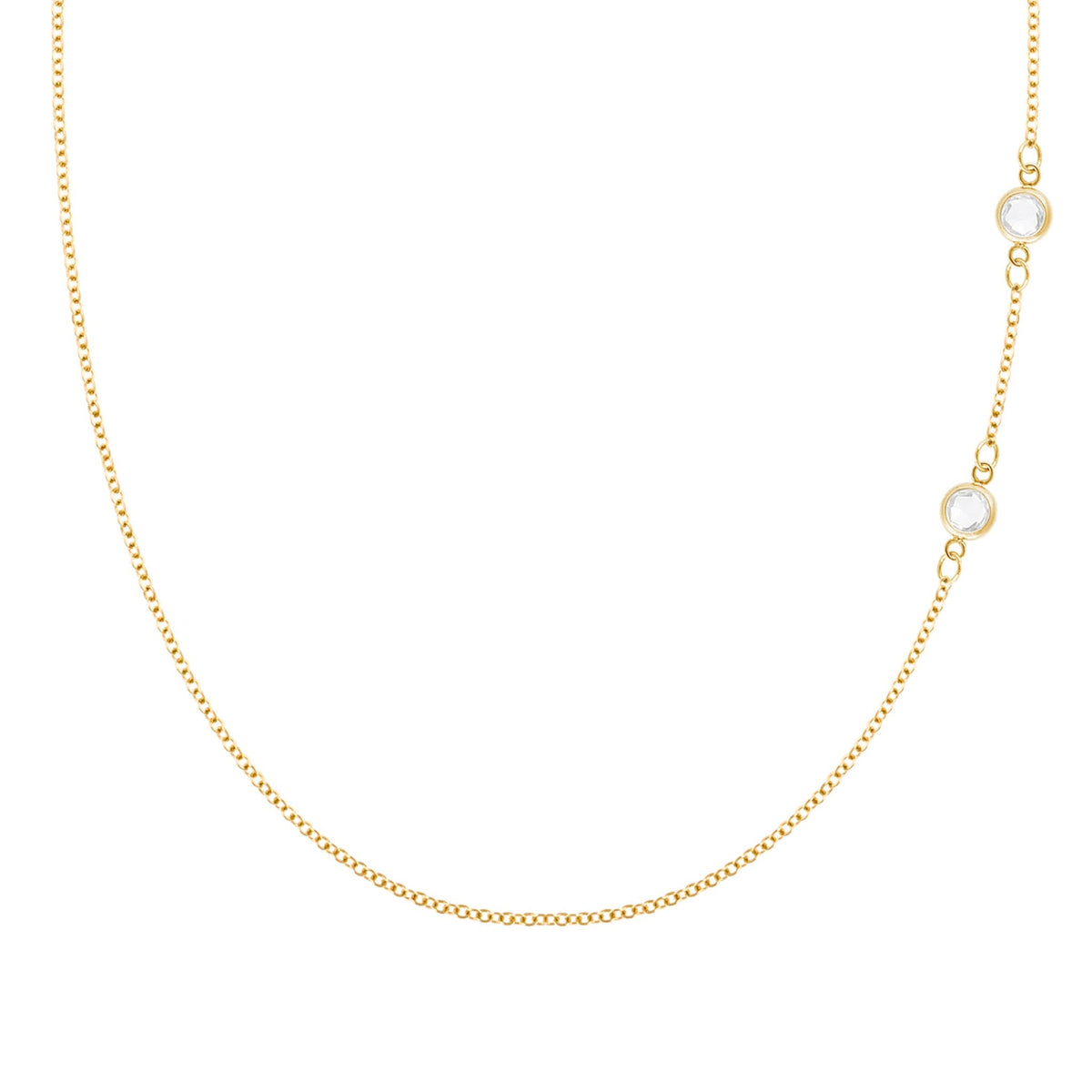 Personalized cable chain necklace featuring two 4 mm briolette cut gemstones bezel set in 14k yellow gold - front view