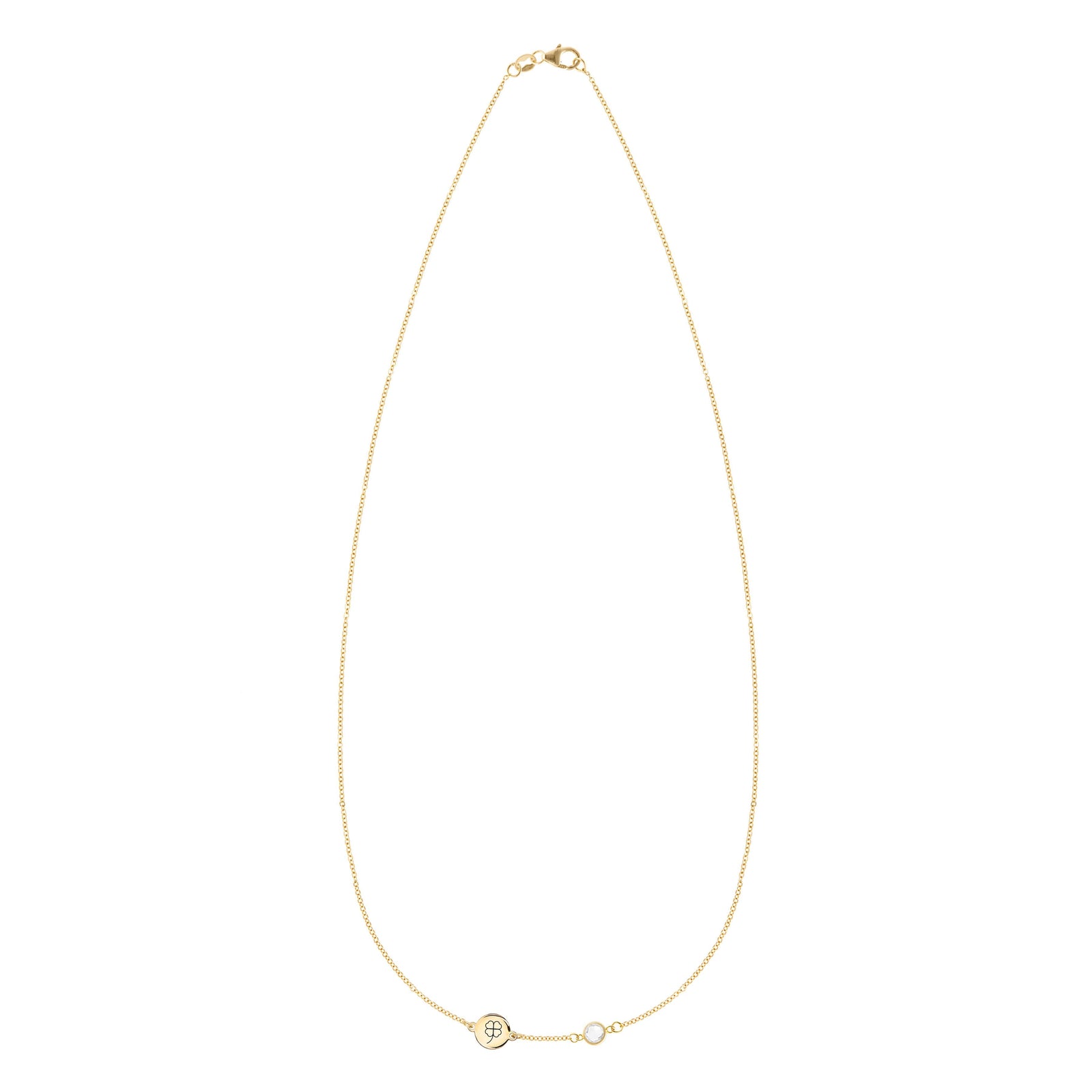 14k gold Classic necklace featuring one birthstone and one 1/4” flat disc engraved with a four leaf clover