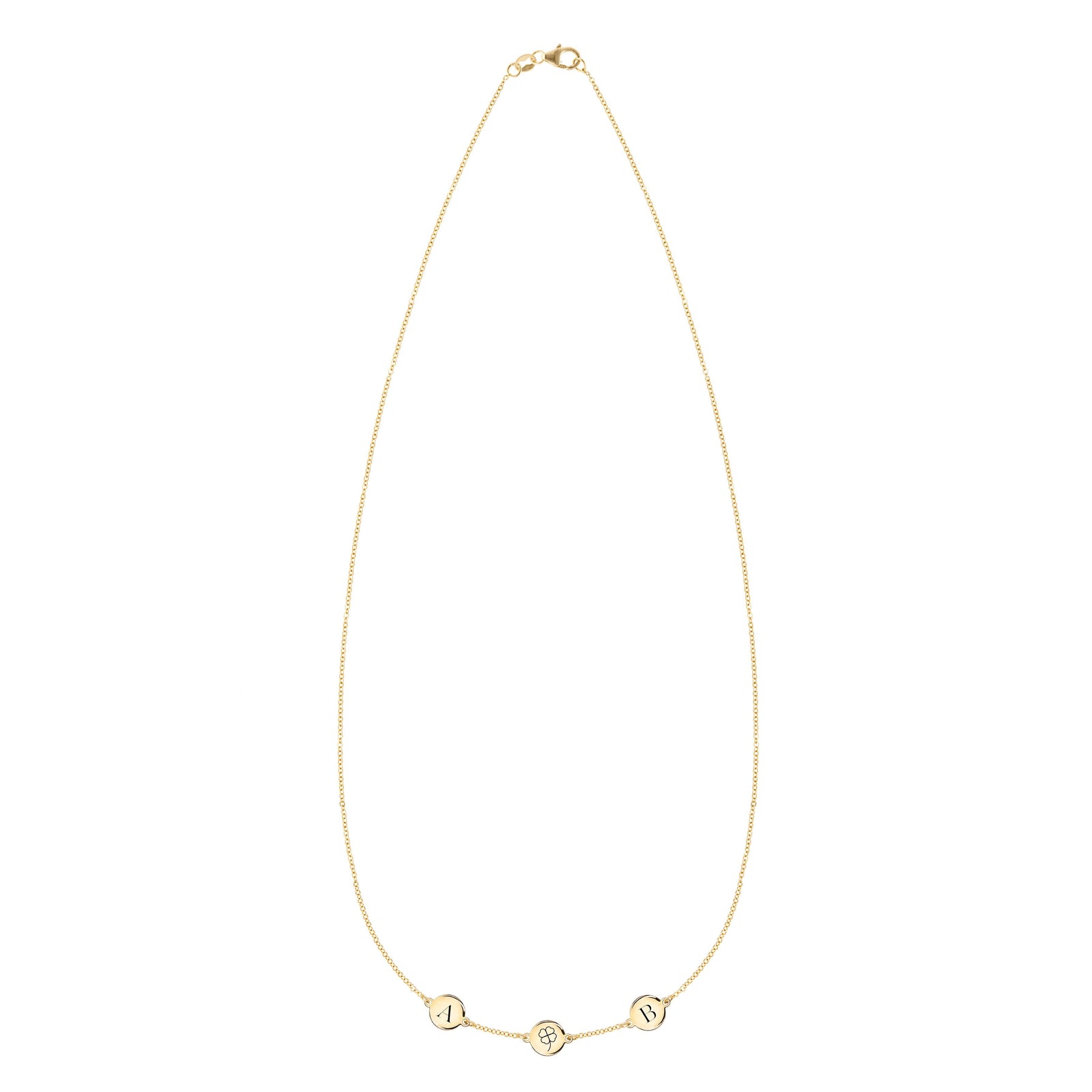 14k gold Classic necklace featuring three 1/4” flat discs, one engraved with a four leaf clover, two with letters