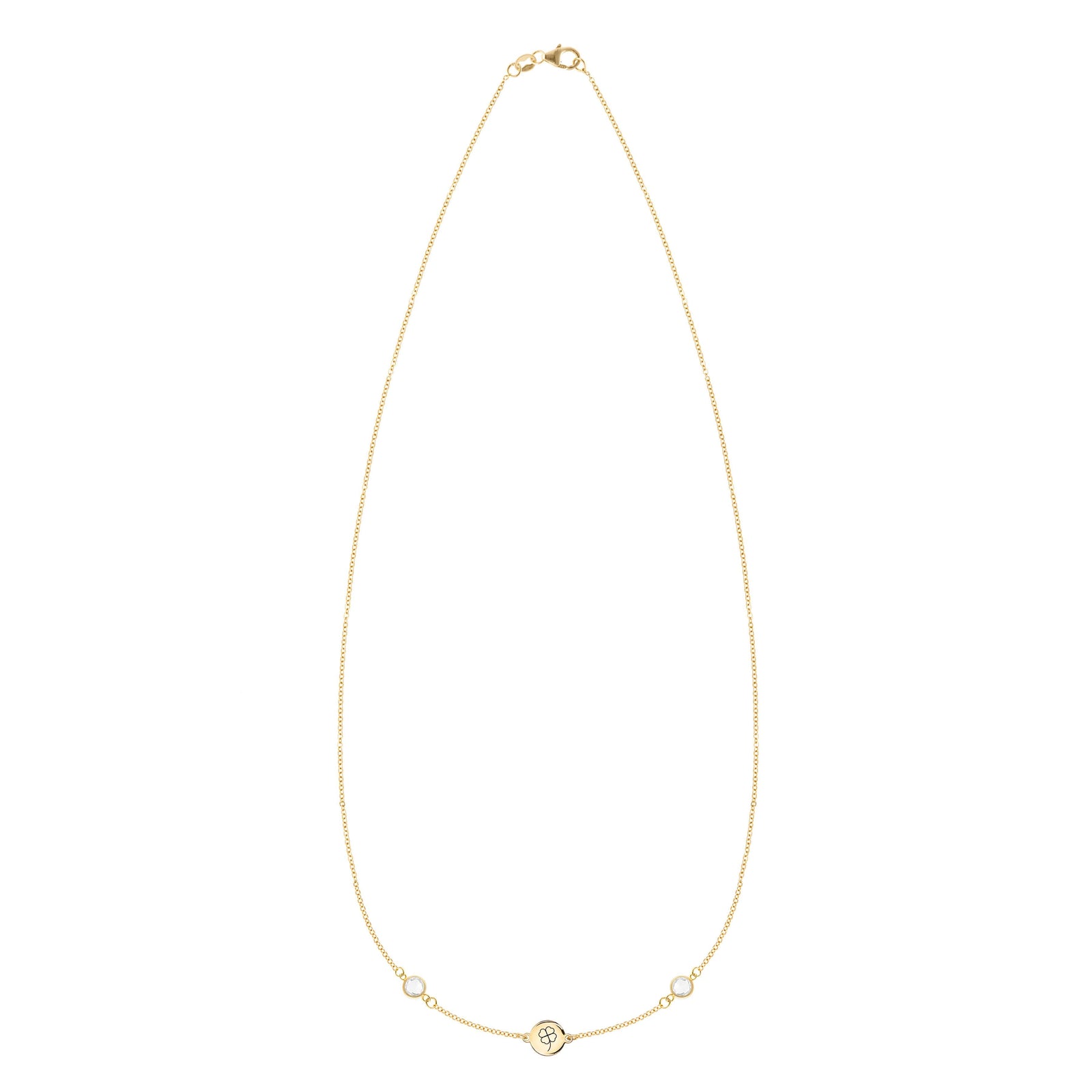 14k gold Classic necklace featuring two birthstones and one 1/4” flat disc engraved with a four leaf clover