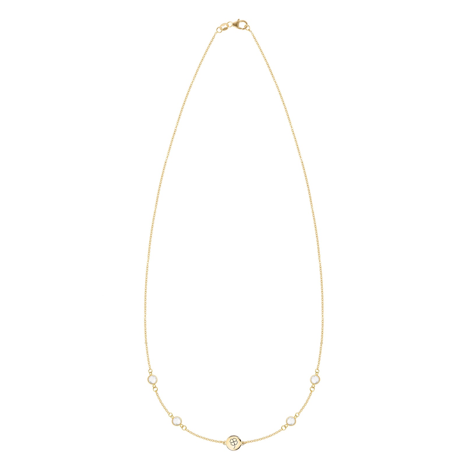 14k yellow gold Classic necklace featuring four birthstones and one 1/4” flat disc engraved with a four leaf clover