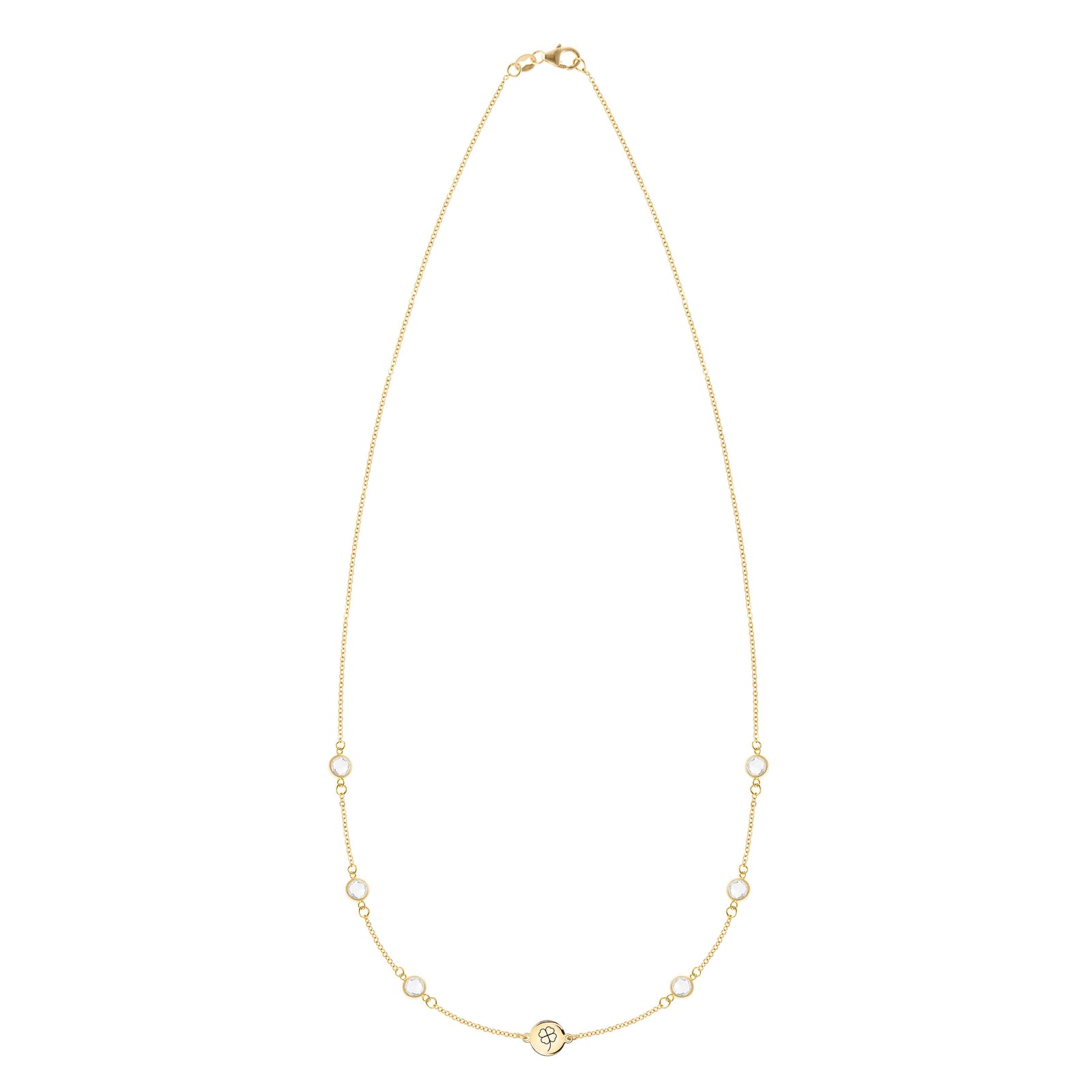 14k yellow gold Classic necklace featuring six birthstones and one 1/4” flat disc engraved with a four leaf clover