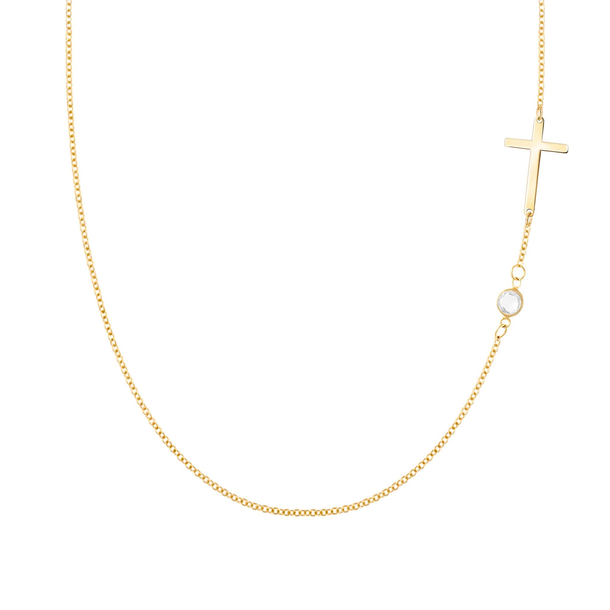 14k yellow gold 1.17 mm cable chain necklace featuring one round birthstone and a 1/2" cutout cross - front view