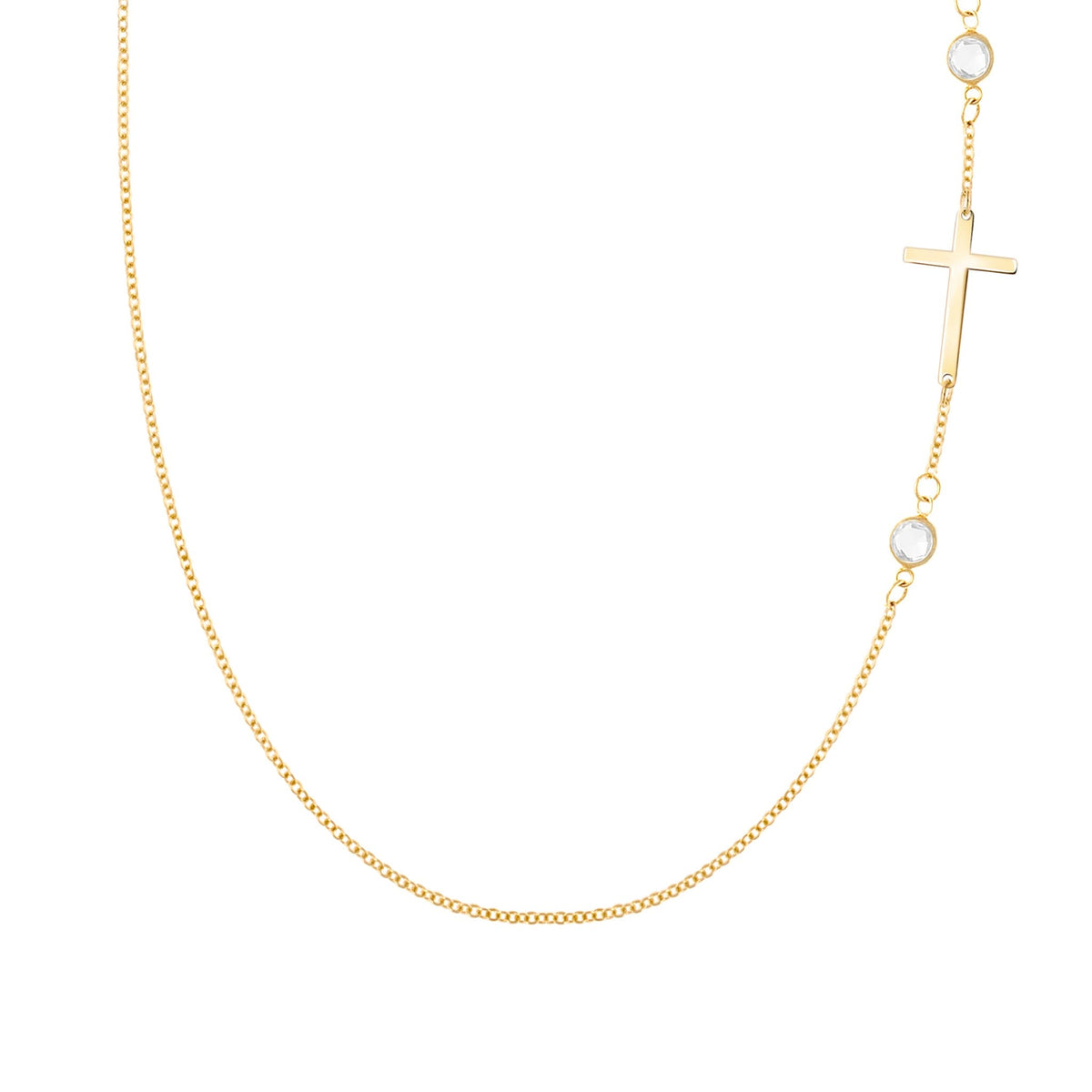 14k yellow gold 1.17 mm cable chain necklace featuring two round birthstones and a 1/2" cutout cross - front view