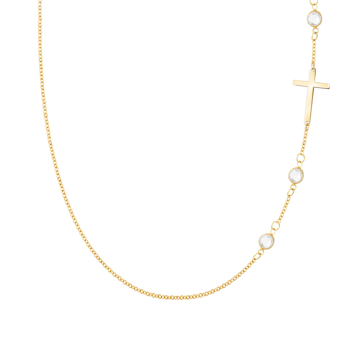 14k yellow gold 1.17 mm cable chain necklace featuring three round birthstones and a 1/2" cutout cross - front view