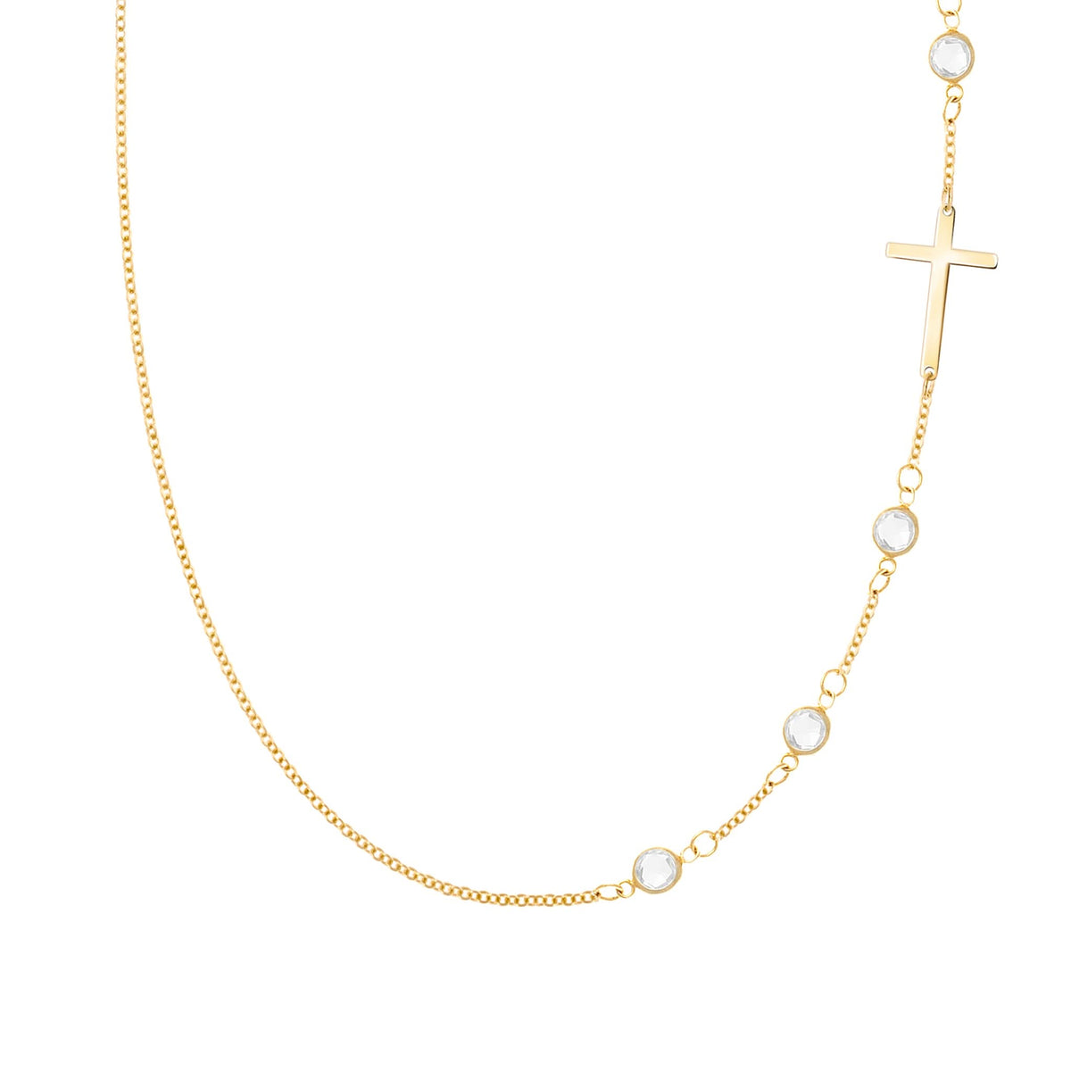 14k yellow gold 1.17 mm cable chain necklace featuring four round birthstones and a 1/2" cutout cross - front view