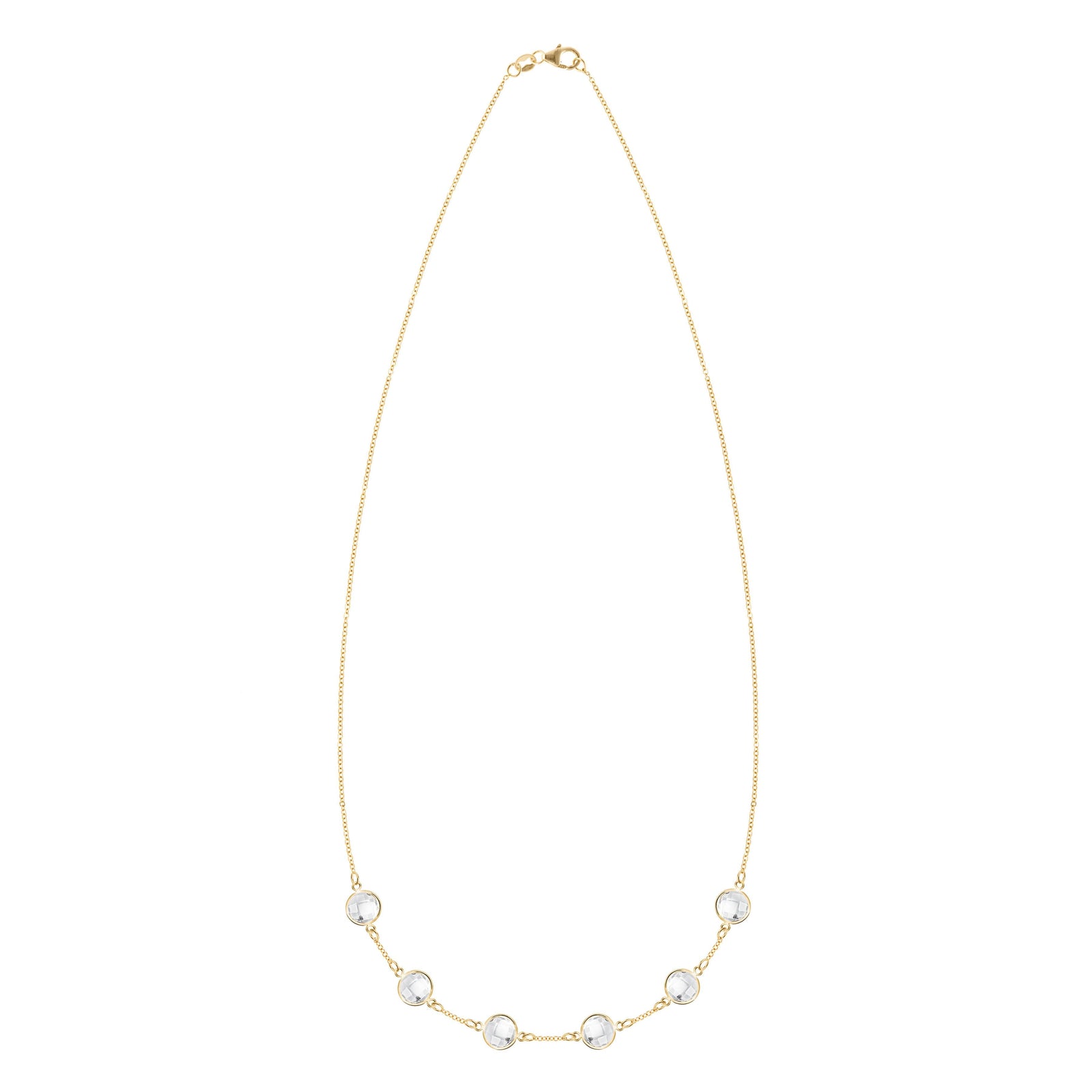 Grand 14k yellow gold 1.17 mm cable chain necklace featuring six 6 mm briolette cut bezel set gemstones
