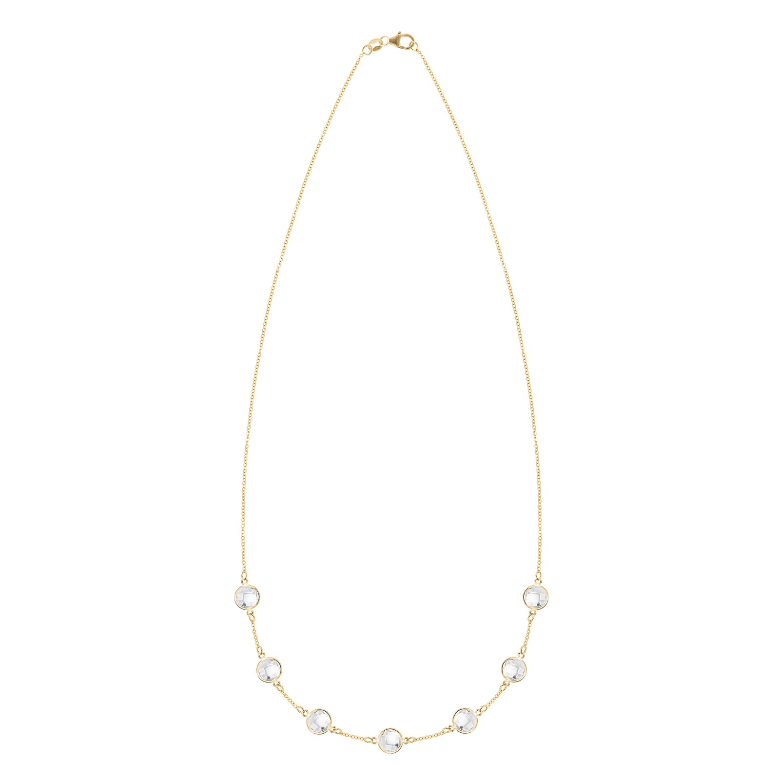 Grand 14k yellow gold 1.17 mm cable chain necklace featuring seven 6 mm briolette cut bezel set gemstones