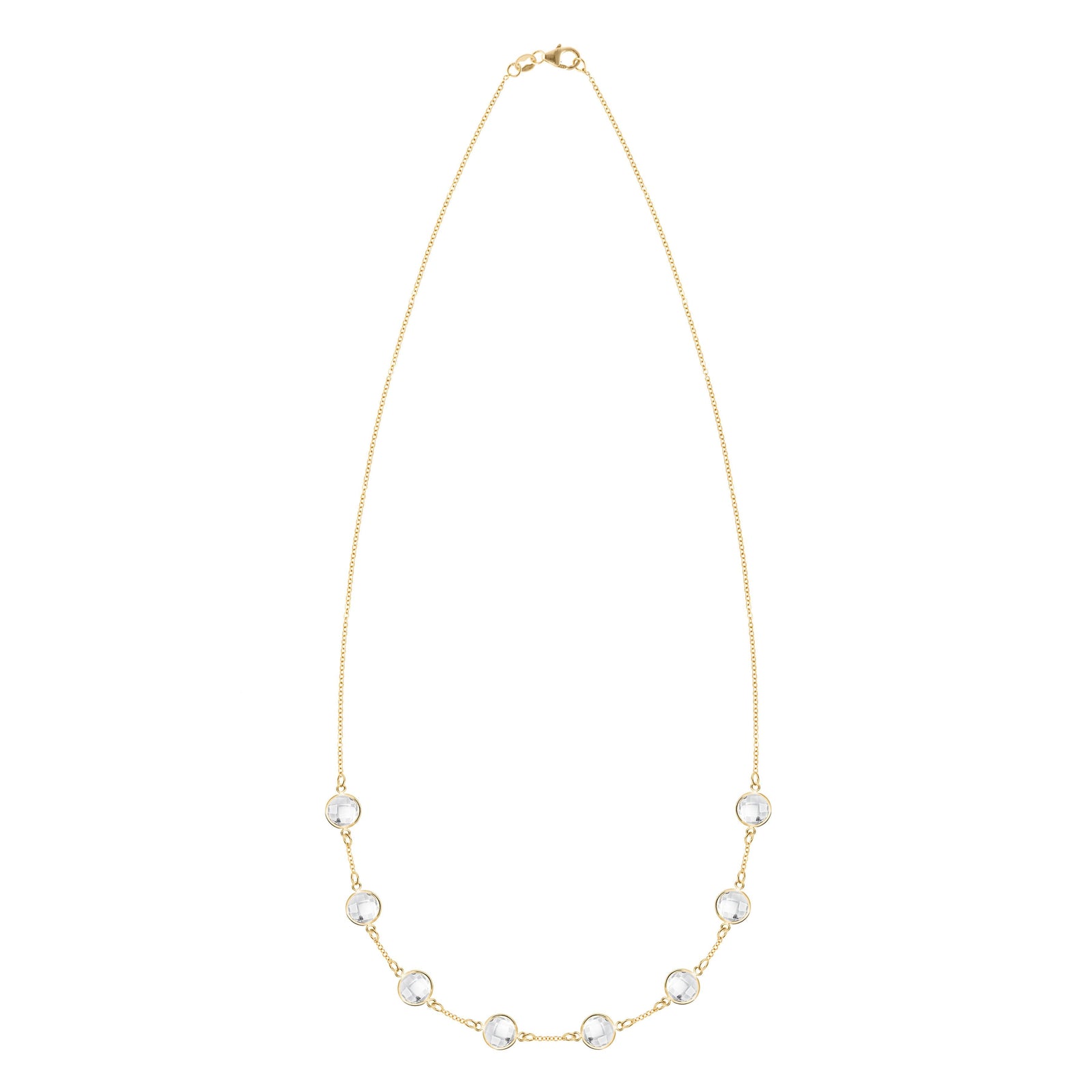 Grand 14k yellow gold 1.17 mm cable chain necklace featuring eight 6 mm briolette cut bezel set gemstones