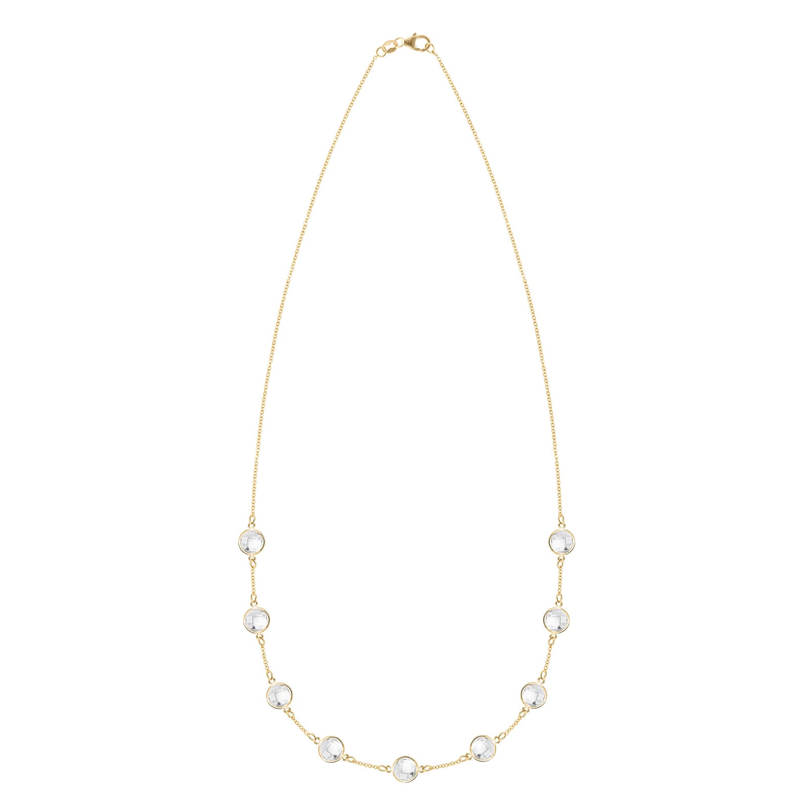 Grand 14k yellow gold 1.17 mm cable chain necklace featuring nine 6 mm briolette cut bezel set gemstones