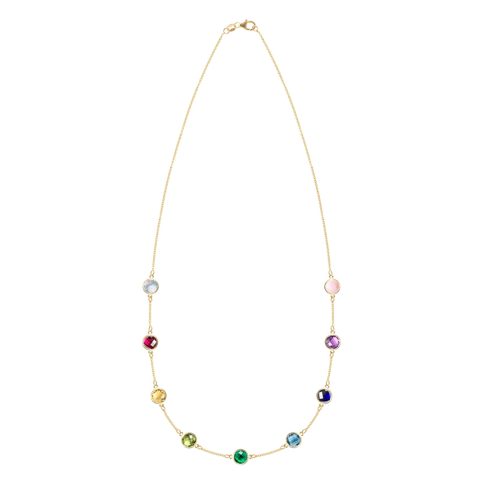 Grand 14k gold 1.17 mm cable chain necklace featuring nine 6 mm rainbow hued briolette cut bezel set gemstones