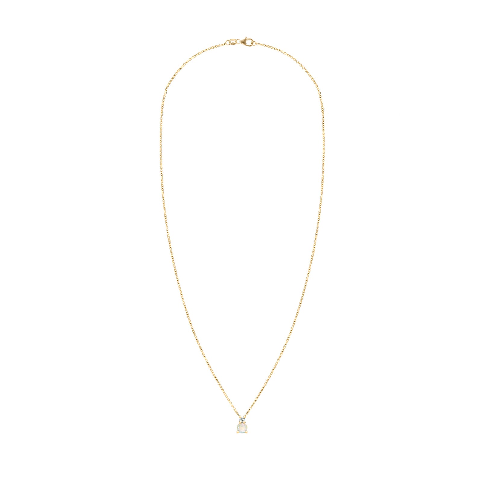 Greenwich cable chain necklace featuring one 4 mm round cut opal and one 2.1 mm diamond bezel set in 14k yellow gold