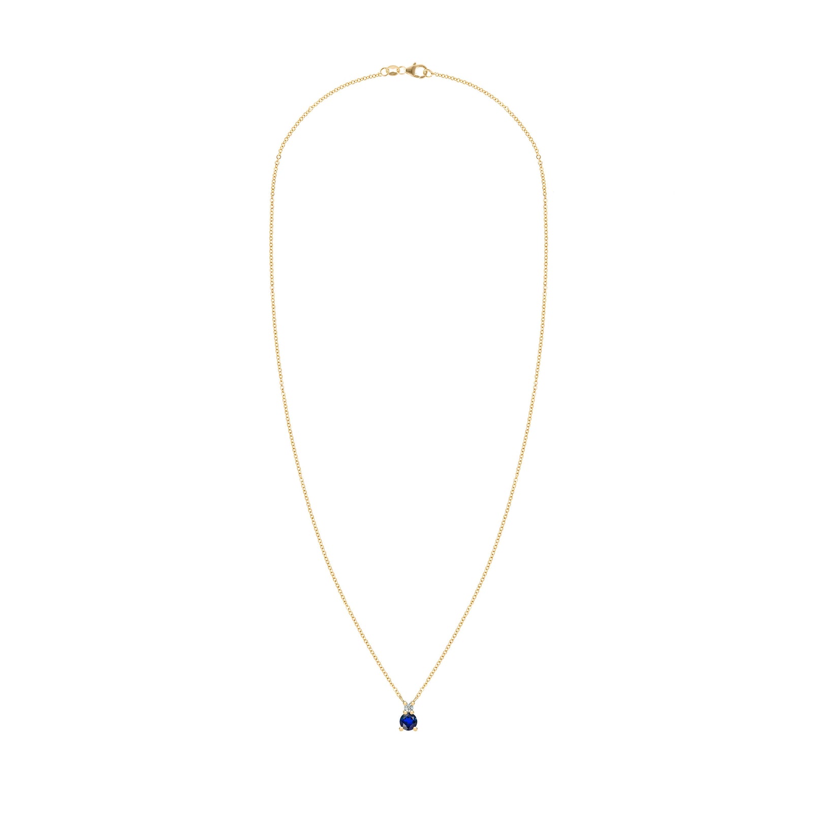 Greenwich cable chain necklace featuring one 4 mm round cut sapphire and one 2.1 mm diamond bezel set in 14k yellow gold