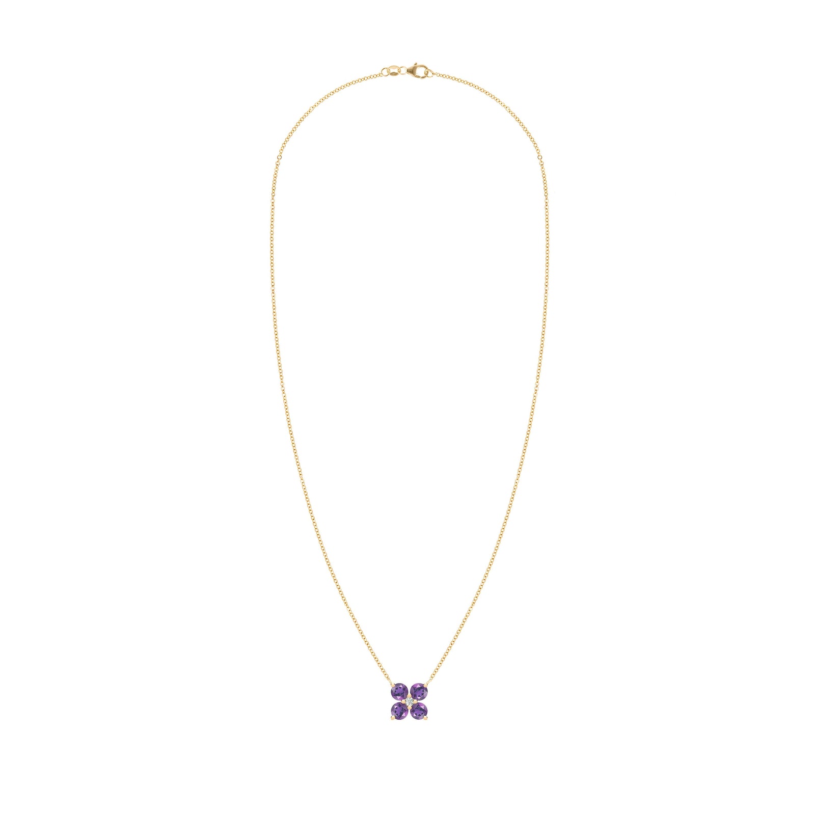 Greenwich cable chain necklace featuring four 4 mm round cut amethysts and one 2.1 mm diamond bezel set in 14k yellow gold