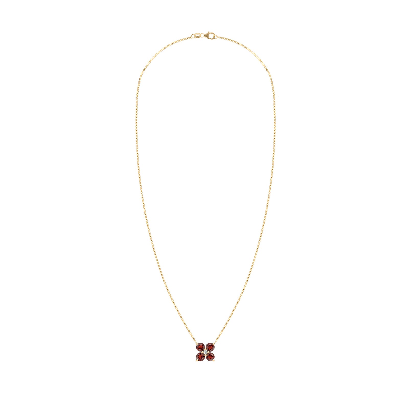 Greenwich cable chain necklace featuring four 4 mm faceted round cut garnets and one 2.1 mm diamond bezel set in 14k gold