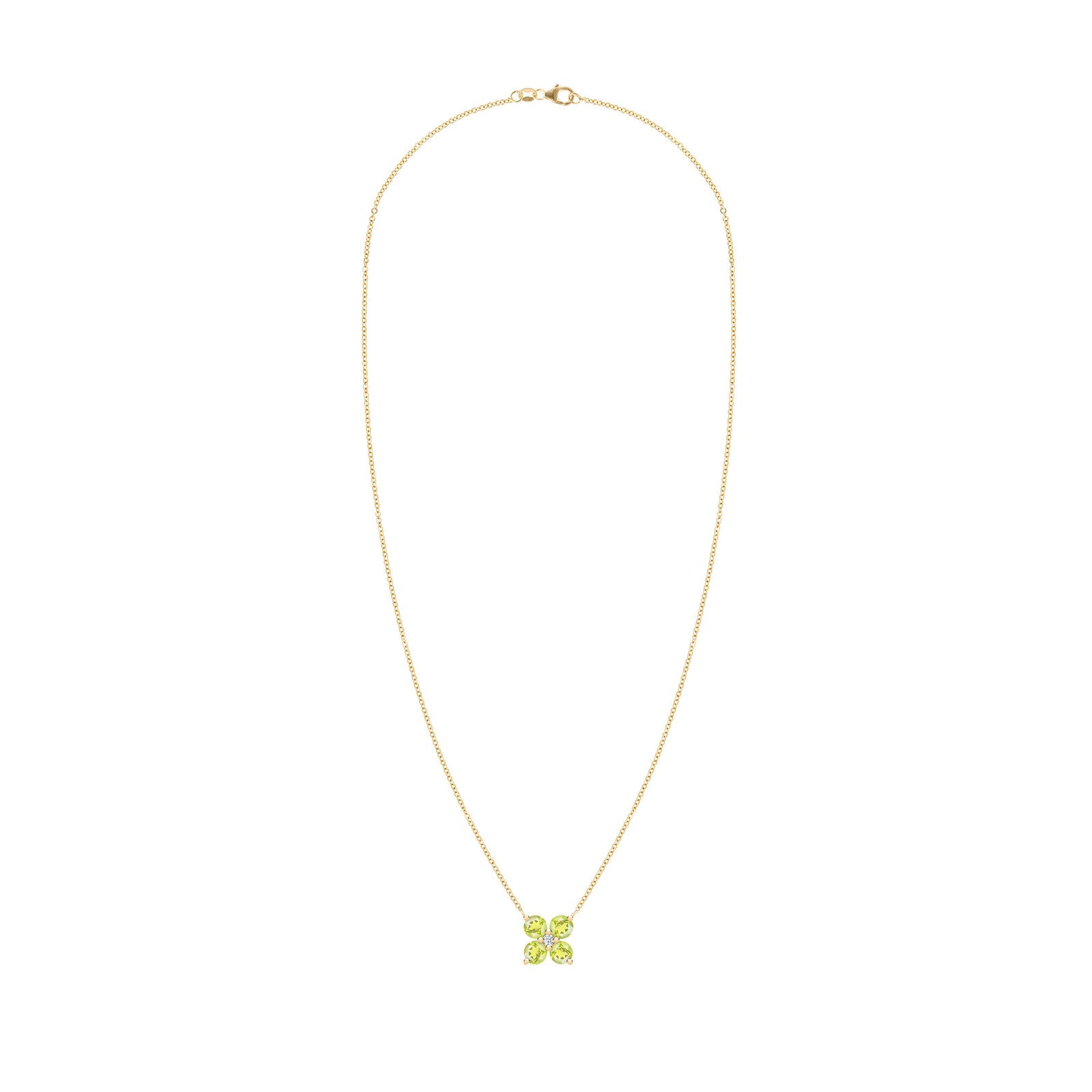 Greenwich cable chain necklace featuring four 4 mm round cut peridots and one 2.1 mm diamond bezel set in 14k yellow gold