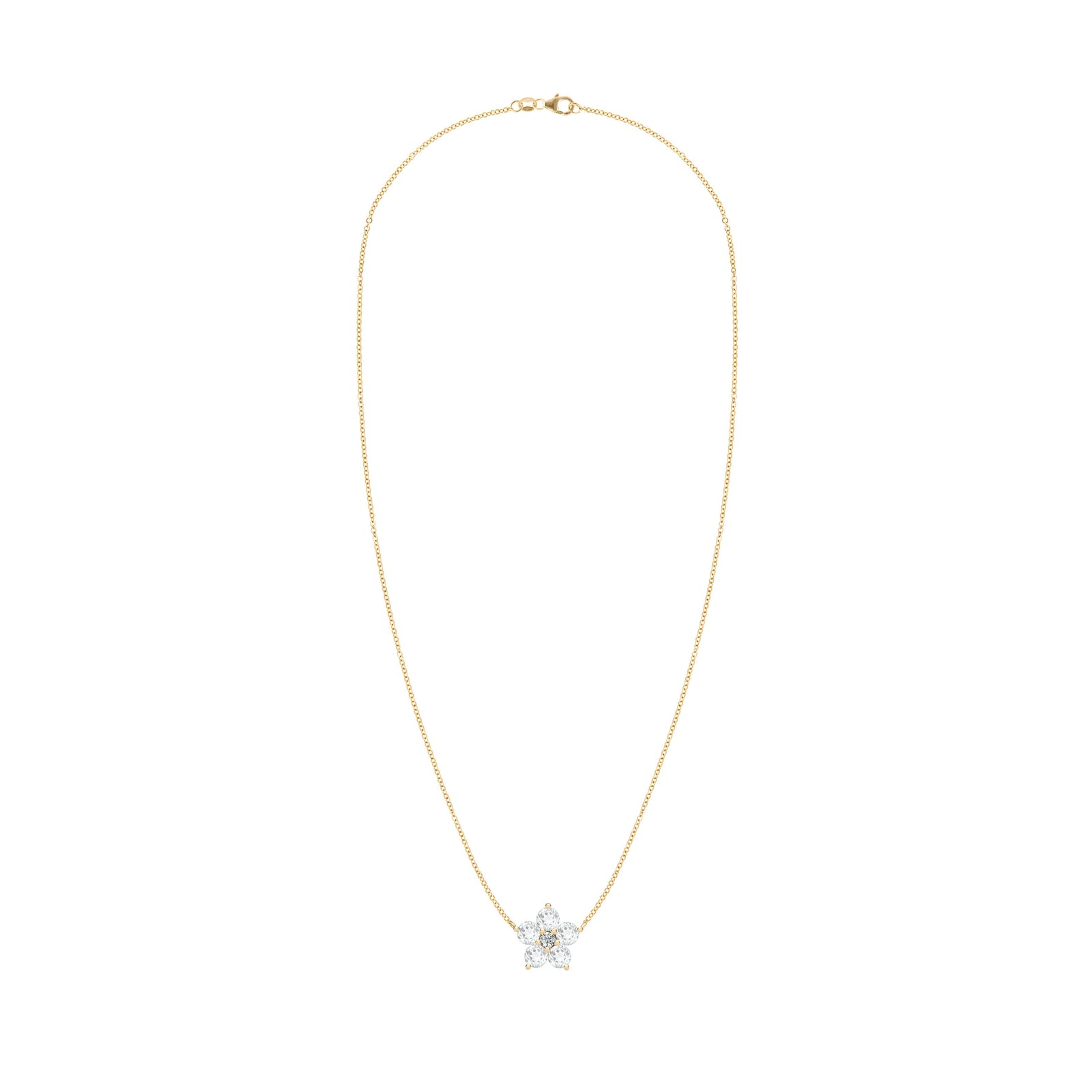 Greenwich cable chain necklace featuring five 4 mm round cut white topaz and one 2.1 mm diamond bezel set in 14k yellow gold
