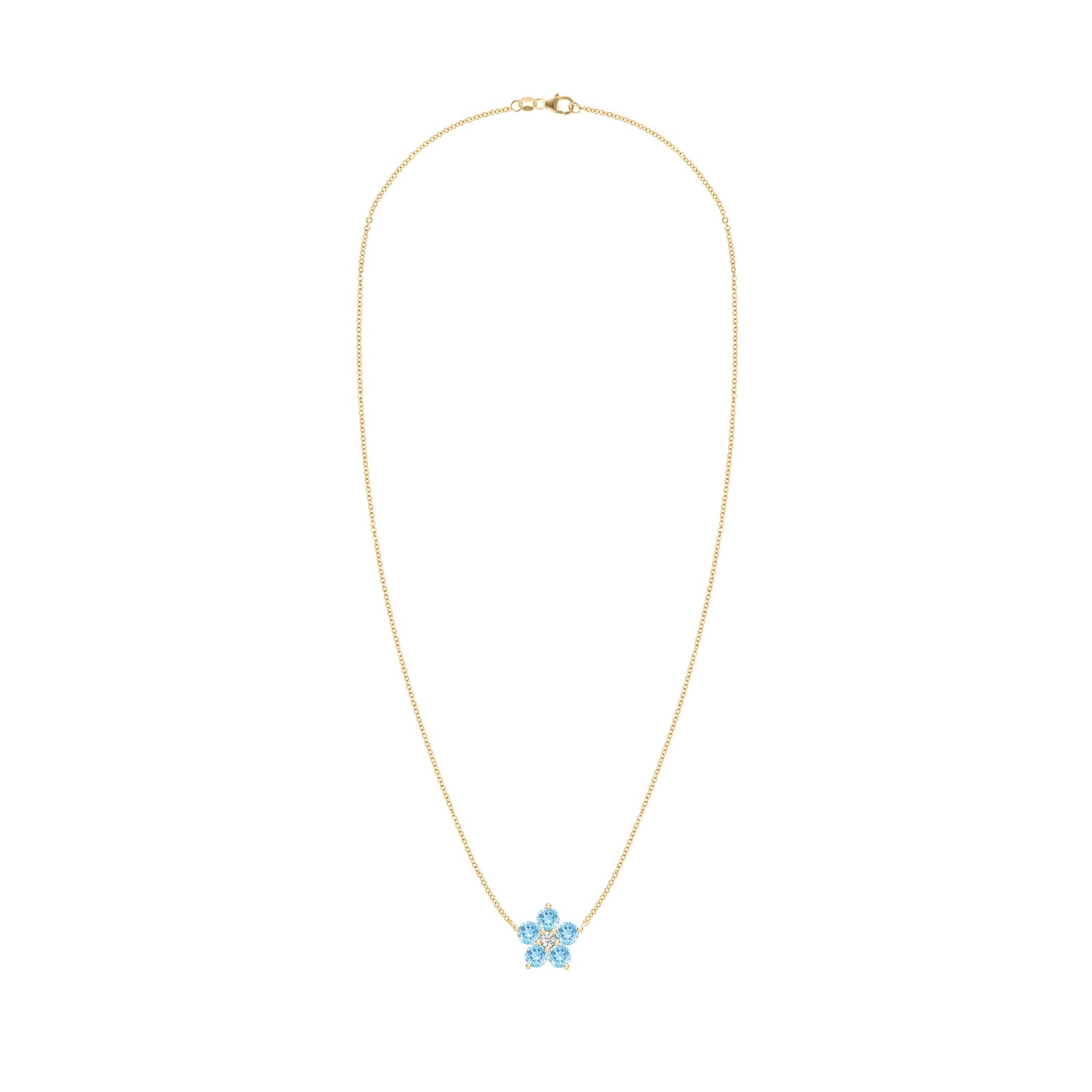Greenwich cable chain necklace featuring five 4 mm Nantucket blue topaz and one 2.1 mm diamond bezel set in 14k yellow gold