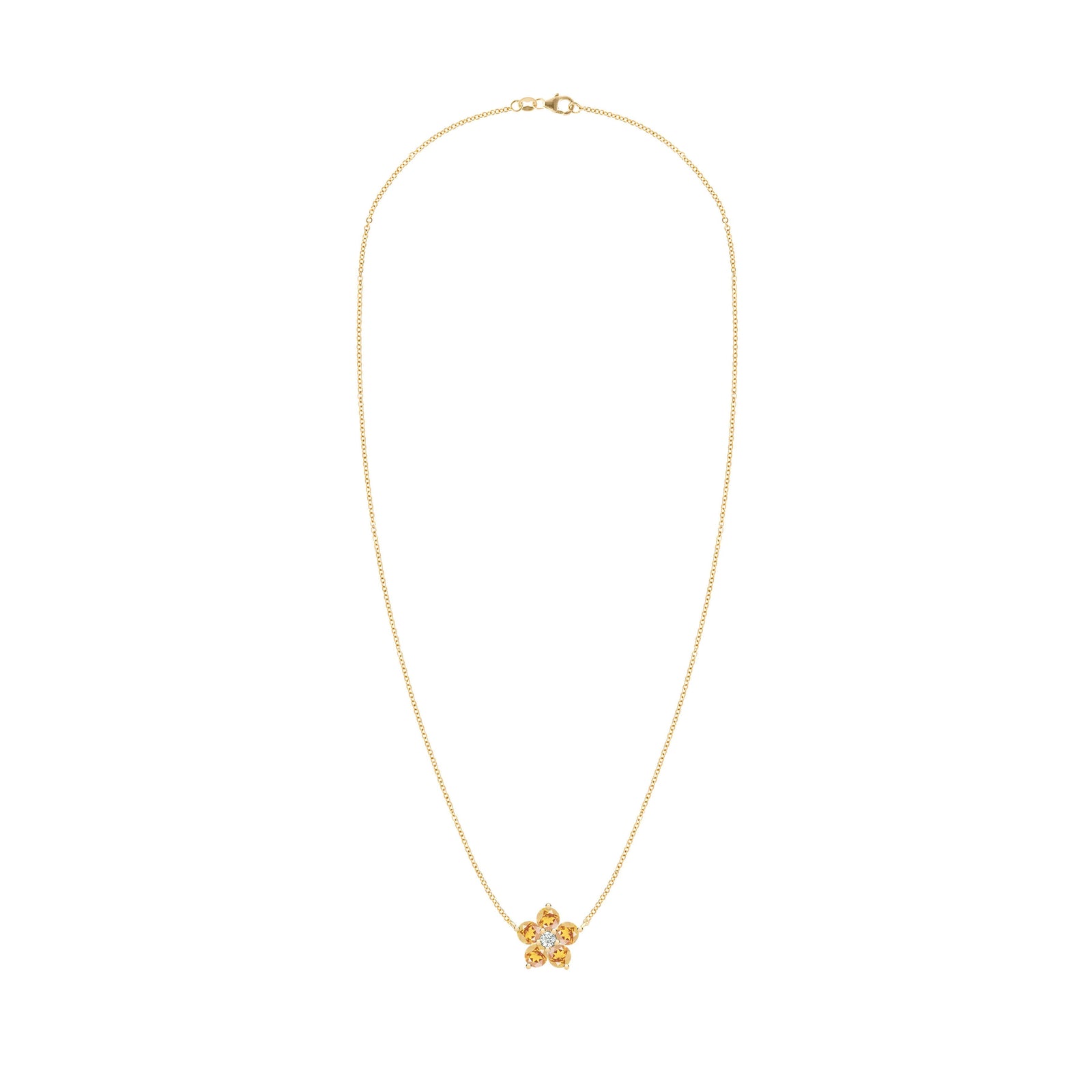 Greenwich cable chain necklace featuring five 4 mm round cut citrines and one 2.1 mm diamond bezel set in 14k yellow gold