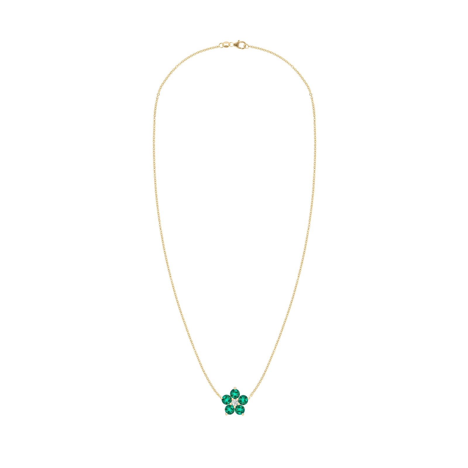 Greenwich cable chain necklace featuring five 4 mm round cut emeralds and one 2.1 mm diamond bezel set in 14k yellow gold