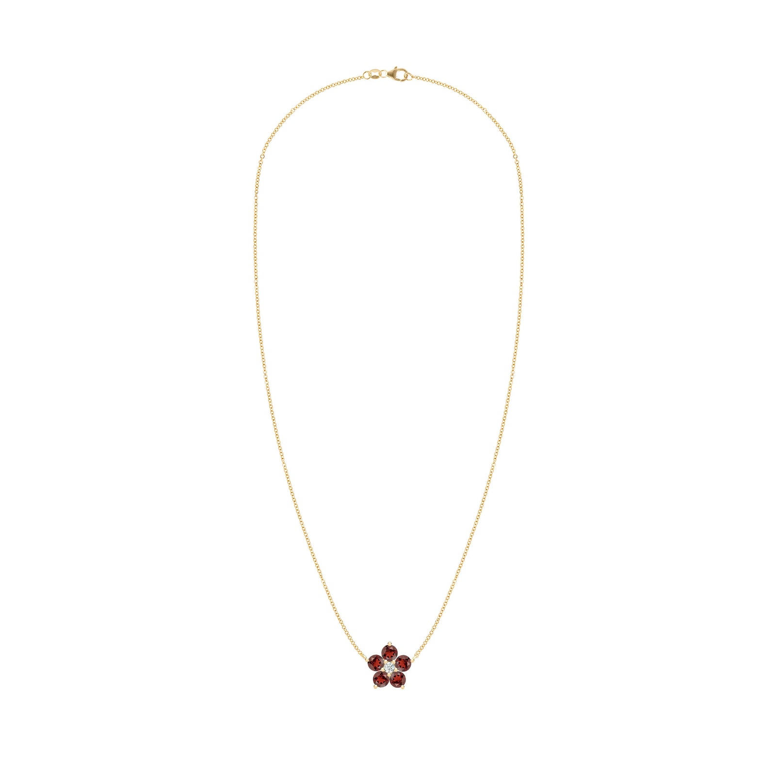 Greenwich cable chain necklace featuring five 4 mm round cut garnets and one 2.1 mm diamond bezel set in 14k yellow gold