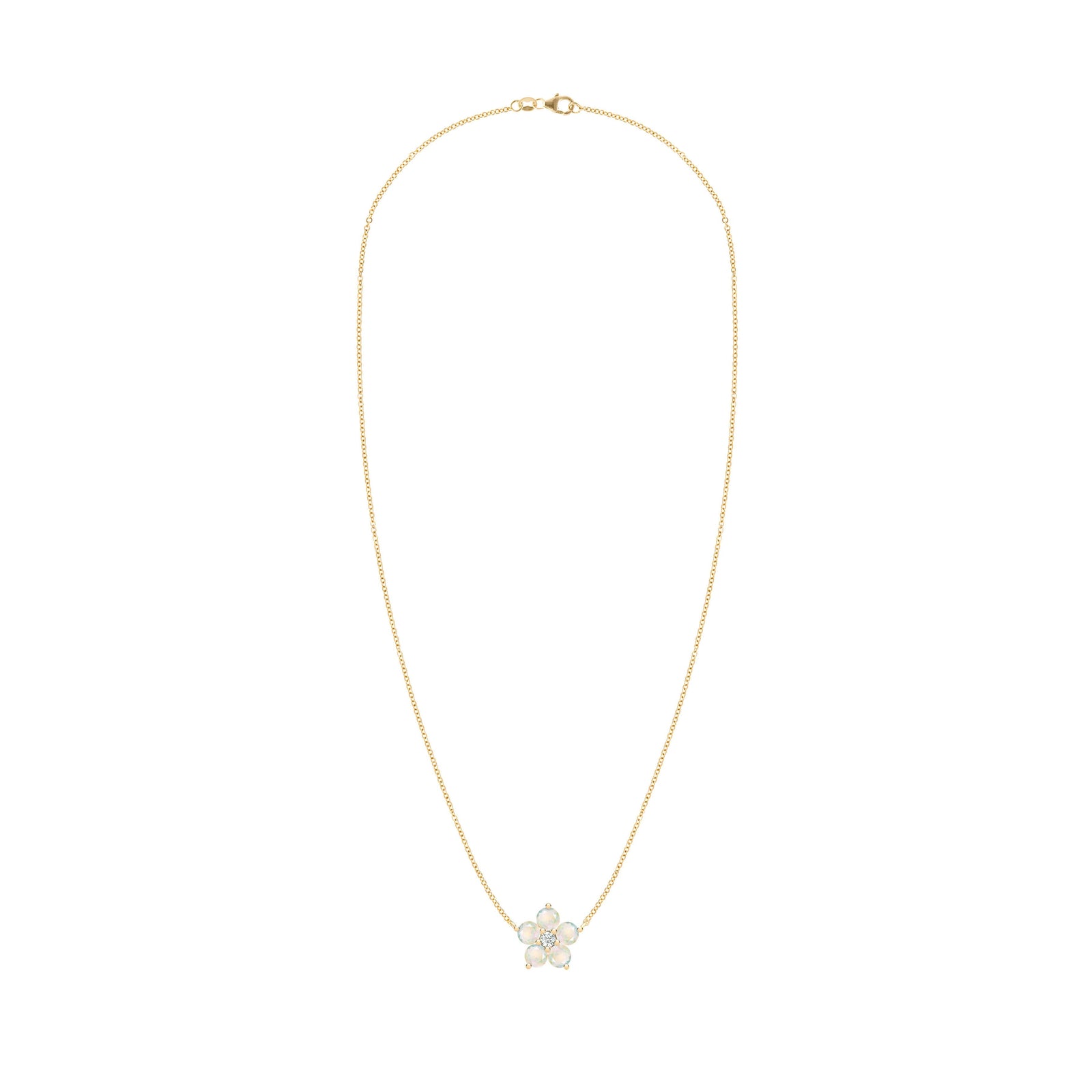 Greenwich cable chain necklace featuring five 4 mm round cut opals and one 2.1 mm diamond bezel set in 14k yellow gold