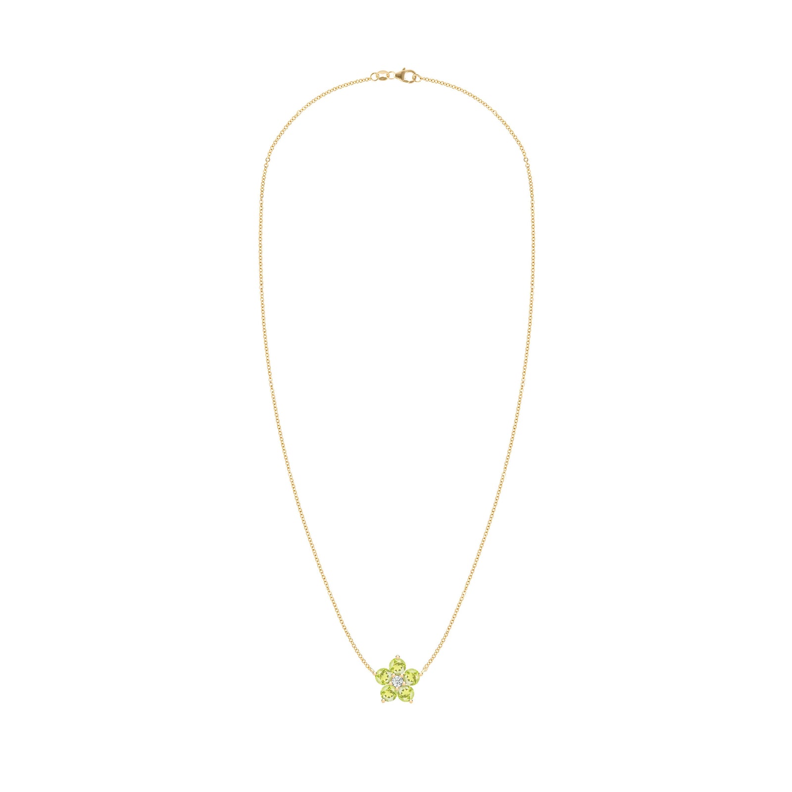 Greenwich cable chain necklace featuring five 4 mm round cut peridots and one 2.1 mm diamond bezel set in 14k yellow gold