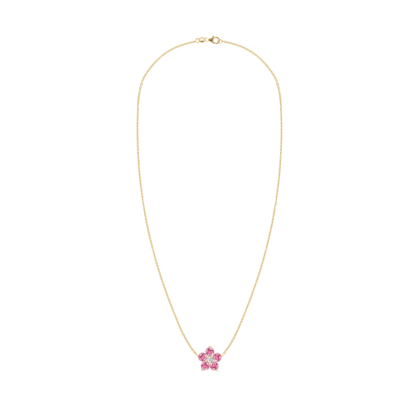 Greenwich cable chain necklace featuring five 4 mm pink tourmalines and one 2.1 mm diamond bezel set in 14k yellow gold