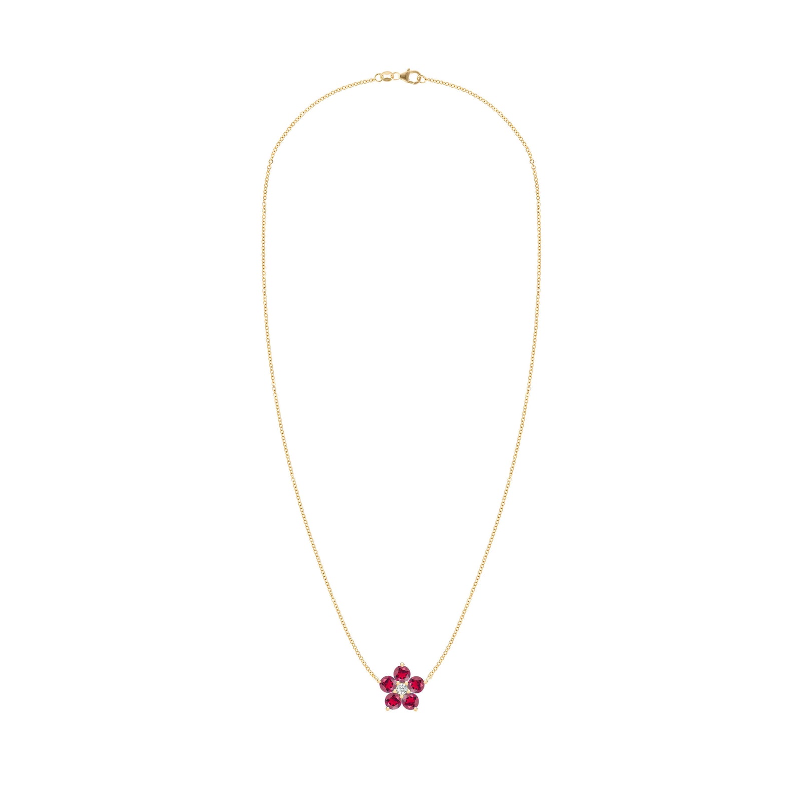 Greenwich cable chain necklace featuring five 4 mm round cut rubies and one 2.1 mm diamond bezel set in 14k yellow gold