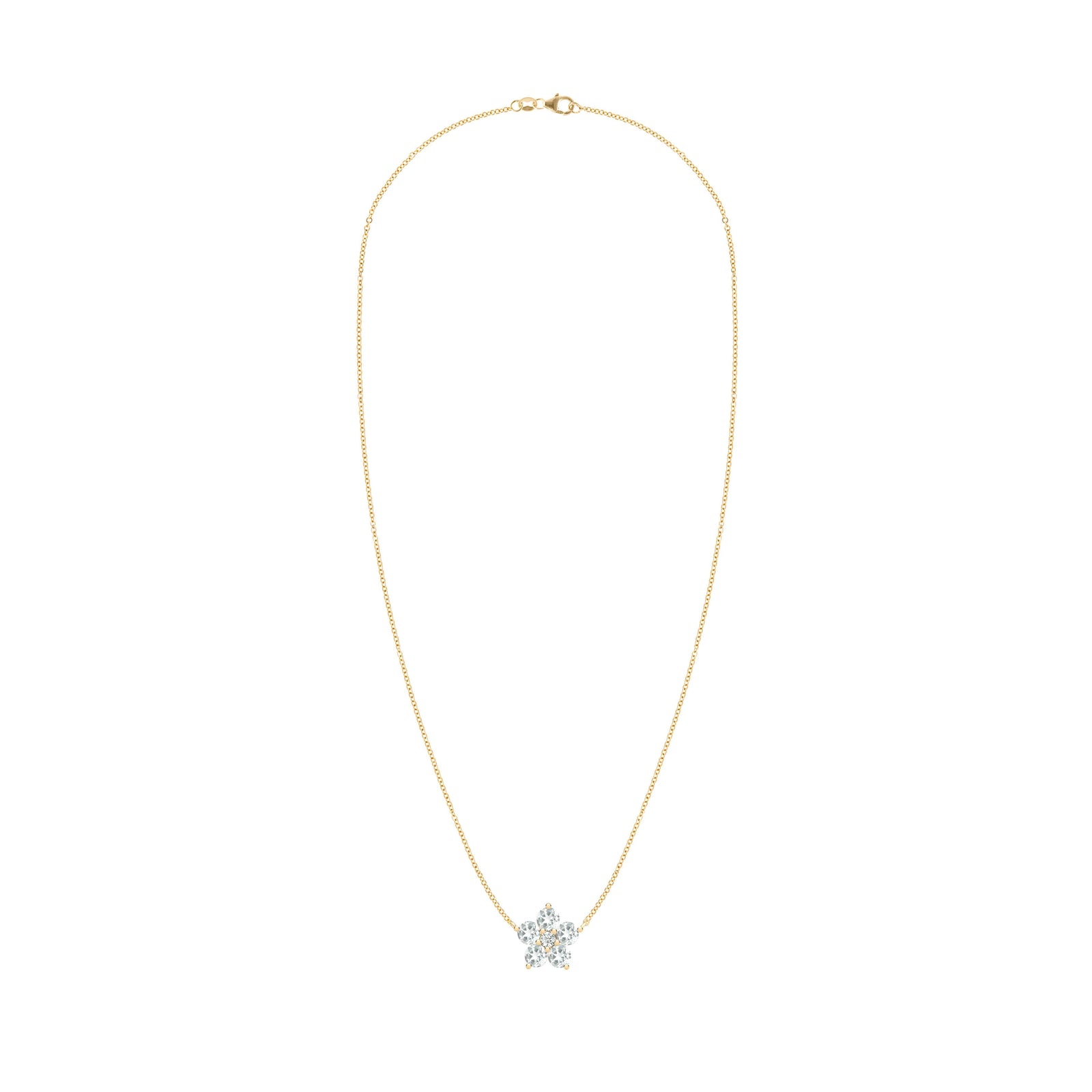 Greenwich cable chain necklace featuring five 4 mm round cut white topaz and one 2.1 mm diamond bezel set in 14k yellow gold