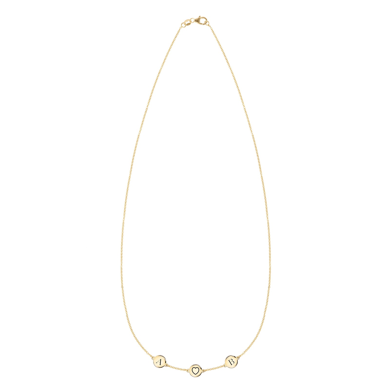 14k yellow gold necklace featuring one 1/4” flat disc engraved with a heart symbol and two letter-engraved discs