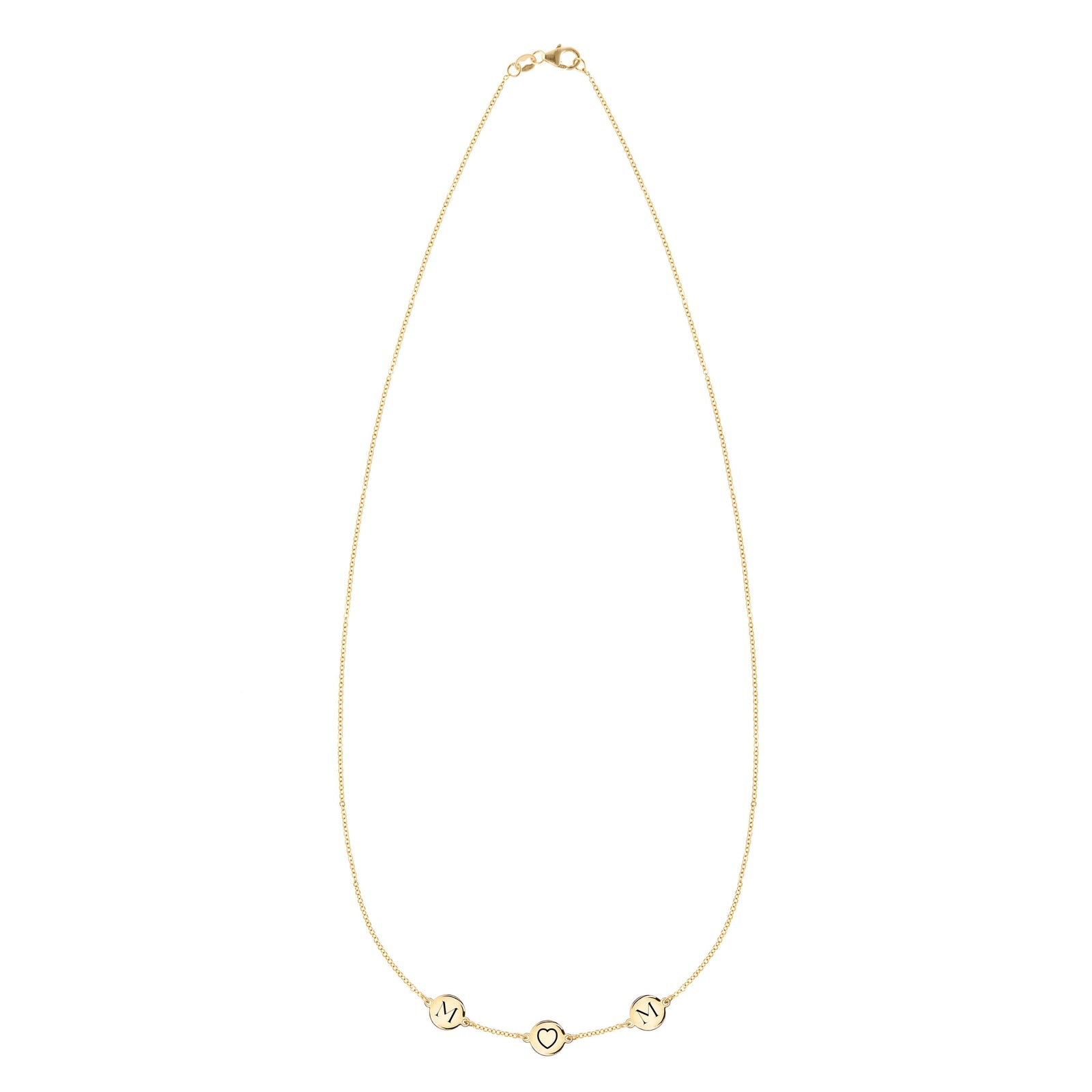 14k yellow gold cable chain necklace featuring three 1/4” flat engraved letter discs, spelling M-heart-M