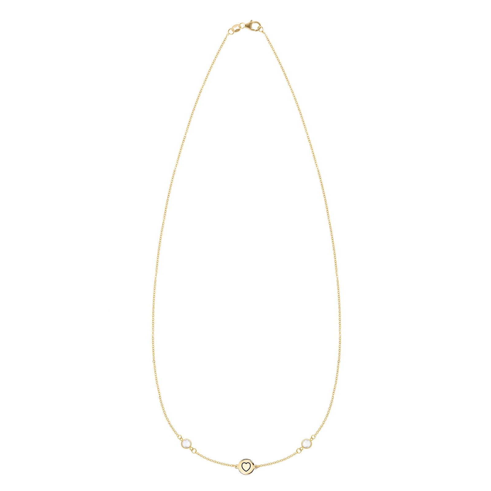 14k gold Classic necklace featuring two birthstones and one 1/4” flat disc engraved with a heart symbol
