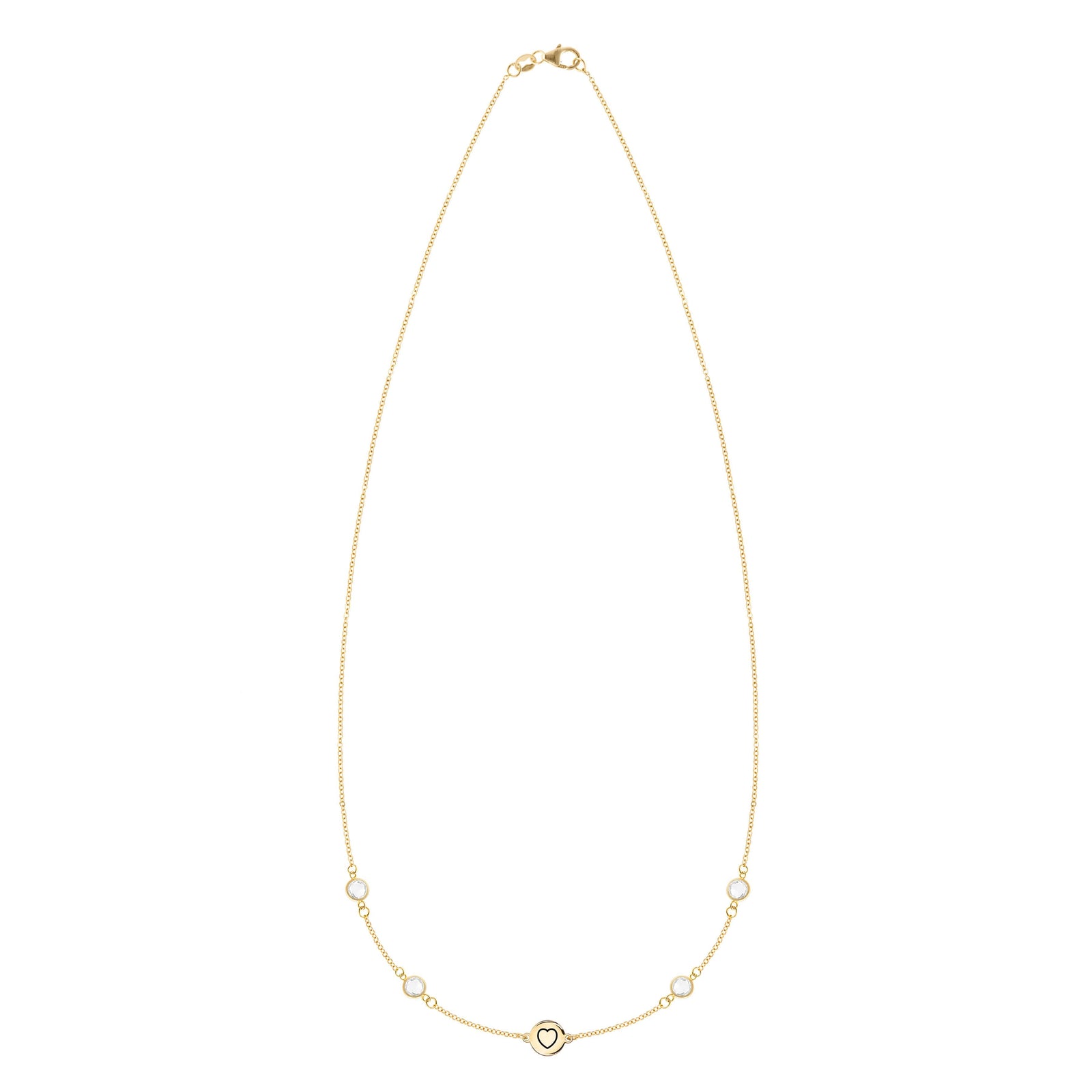 14k yellow gold Classic necklace featuring four round birthstones and one 1/4” flat disc engraved with a heart