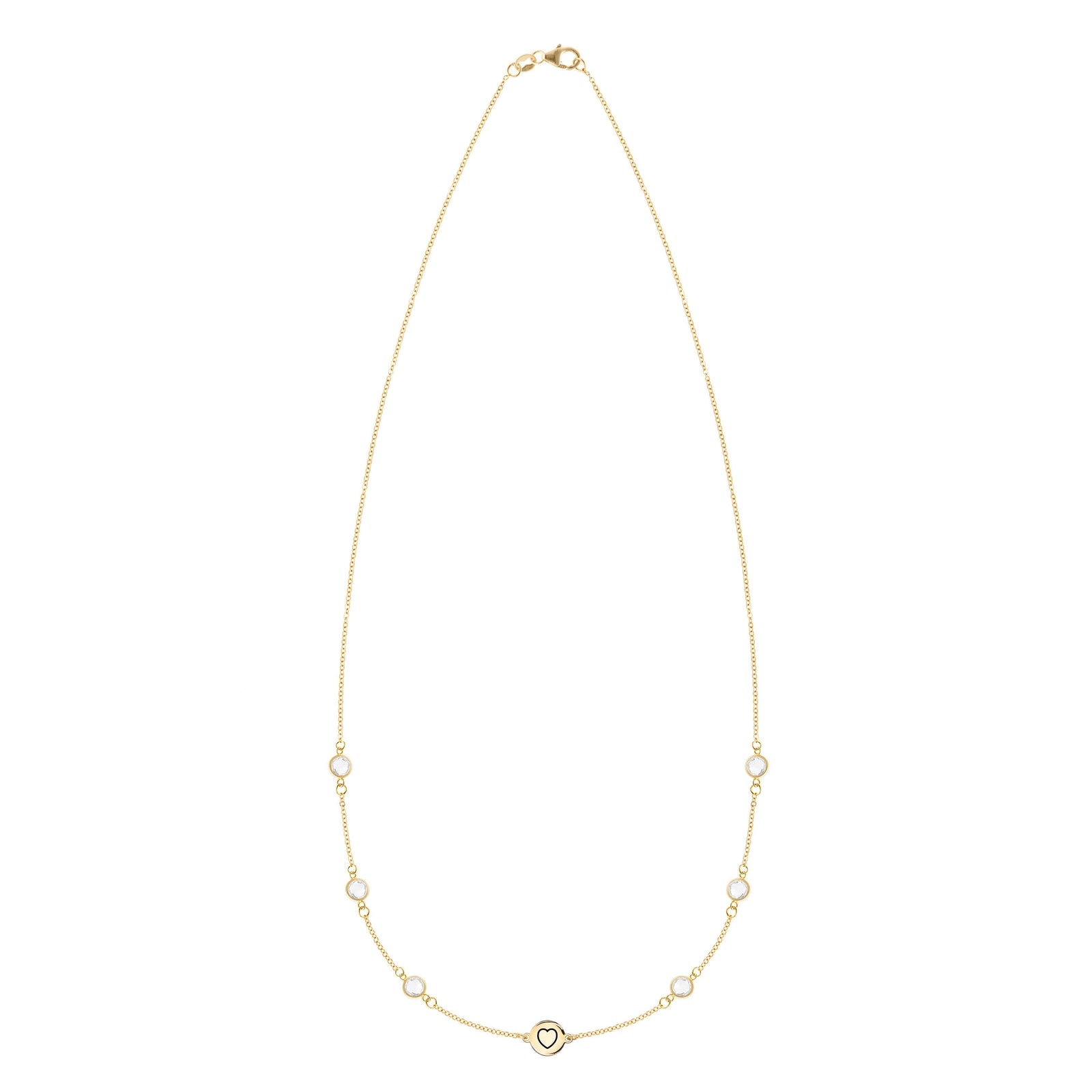 14k yellow gold Classic necklace featuring six birthstones and one 1/4” flat disc engraved with a heart symbol